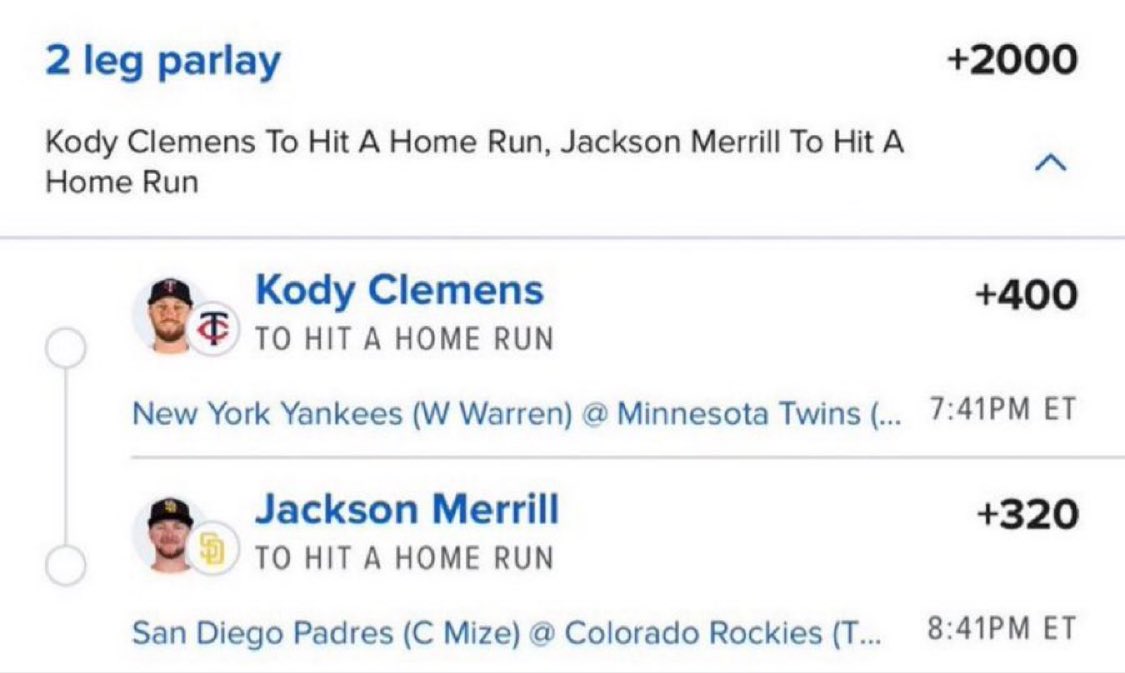 demiral28's tweet photo. 🔥 2-LEG HR PARLAY 🚨 +2000

Kody Clemens TO HIT A HOME RUN 💣 +400
Jackson Merrill TO HIT A HOME RUN 💣 +320

+2000 if BOTH go yard! 👀🔥

#MLB #MLBBets #HRParlay #HomeRun #SportsBetting #Baseball #BettingX #MLBPicks #LetsRide https://t.co/bReyukIjxt