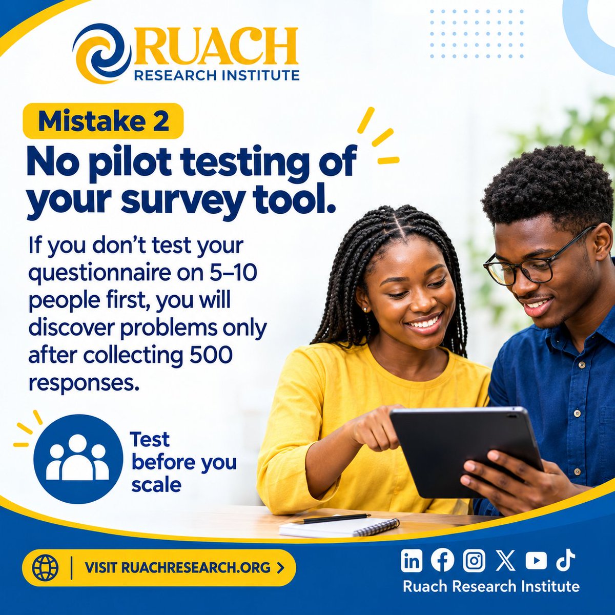 RuachResearch's tweet photo. Would you launch a product without testing it first? 

It's advisable to test on at least 5-10 people first. It costs you a day. It saves you a dataset.

#DataAnalytics #data #research #survey #pilot #datacollection #questionnaire #RRI #ruachresearchinstitute https://t.co/OsS1XwP2mA