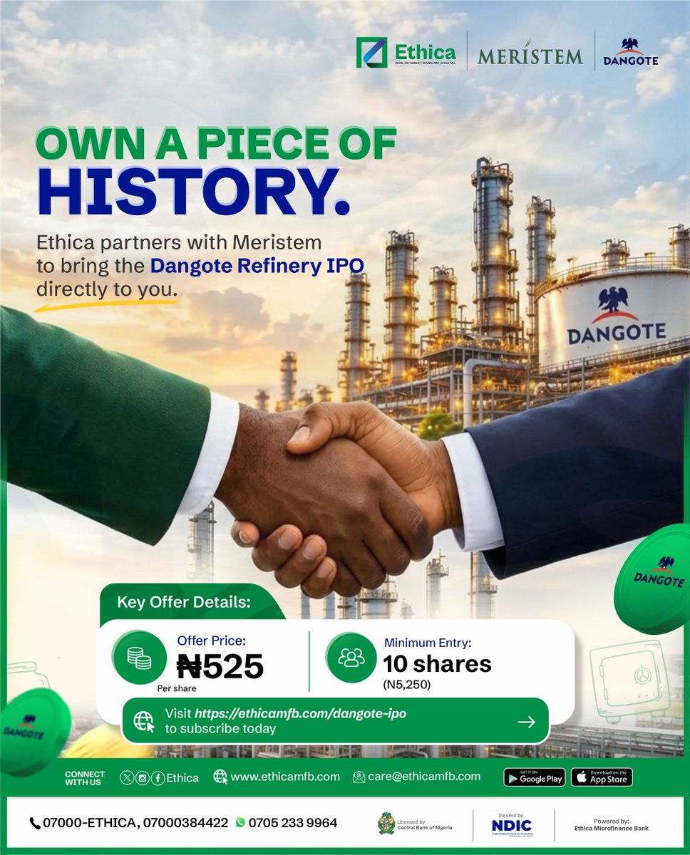 EthicaNG's tweet photo. Buy Dangote IPO through a shariah-compliant company.

Ethica has partnered with Meristem to make Dangote Refinery IPO easily accessible.

Visit https://t.co/kDdZlEd3Vn to subscribe today.

#DangoteIPO #ethica #investwithethica #DangoteIPOatNGX https://t.co/TdCuxCtKXc