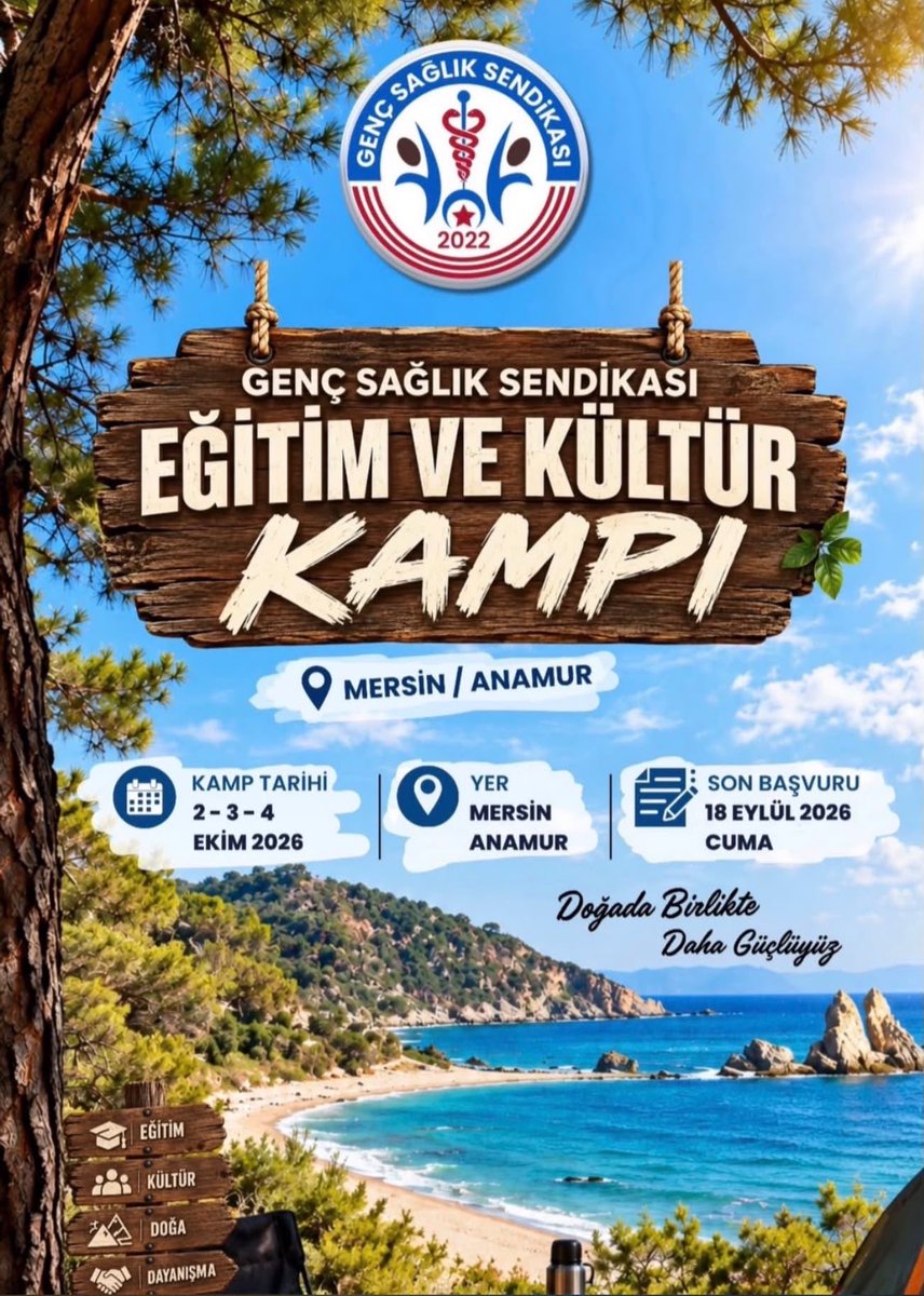 gssdiyarbakir's tweet photo. Değerli Üyelerimiz,
Birlik ve dayanışmamızı güçlendirmek, eğitim ve kültür faaliyetlerimiz kapsamında bir araya gelmek üzere düzenleyeceğimiz Genç Sağlık Sendikası 5.Eğitim ve Kültür Kampı, 
2–3–4 Ekim tarihlerinde Mersin’in Anamur ilçesindeki Pullu Tabiat Parkı’nda toplanıyoruz https://t.co/reUow4dy79