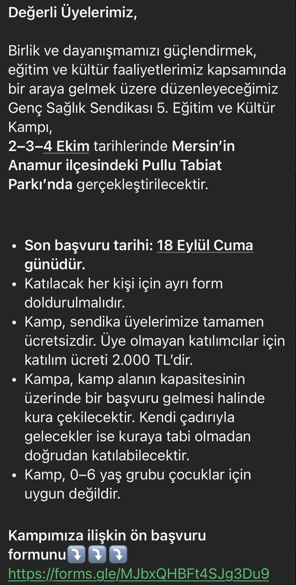 gssdiyarbakir's tweet photo. Değerli Üyelerimiz,
Birlik ve dayanışmamızı güçlendirmek, eğitim ve kültür faaliyetlerimiz kapsamında bir araya gelmek üzere düzenleyeceğimiz Genç Sağlık Sendikası 5.Eğitim ve Kültür Kampı, 
2–3–4 Ekim tarihlerinde Mersin’in Anamur ilçesindeki Pullu Tabiat Parkı’nda toplanıyoruz https://t.co/reUow4dy79