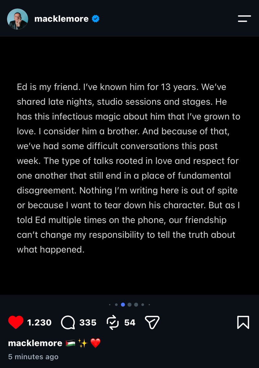 lostinbadlnds's tweet photo. macklemore you are so loved &amp; supported. i’m very disappointed in ed right now, but not surprised since he never spoke up about his stance. i thought bringing macklemore &amp; a palestinian artist with him on his tours meant something. looks like it didn’t 💔 https://t.co/5lWCN9JJZb