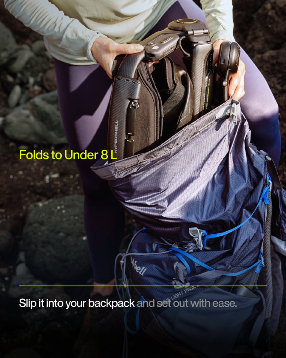 HypershellTech's tweet photo. WHY HALO / 07
Why Halo? Because your next adventure starts with packing light.

Just 2.6 kg at its core. Folds to under 8 L.
Built with carbon fiber and titanium. Easy to pack and take along.

The PocketVolt Battery delivers a 20 km walking range on level ground. It charges independently and fits in a backpack side pocket.

Travel Light. Go Further.

👉 Make your next move. Pre-order Hypershell Halo via the link: https://t.co/zDnfgMMdCa
#Hypershell #HypershellHalo #Exoskeleton #FullLegExoskeleton #WearableTech