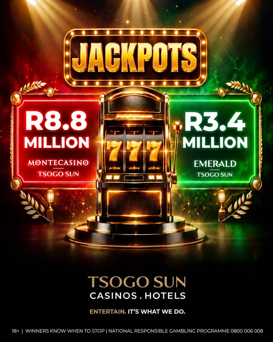 tsogosun's tweet photo. 🎉🎰 Two incredible jackpot wins across Tsogo Sun!

An amazing R3.4 million jackpot was won at Emerald Resort & Casino, followed by a massive R8.8 million jackpot at Montecasino—that’s R12.2 million in combined jackpot winnings! 🤩

Congratulations to both lucky winners! ✨

#TsogoSun #EmeraldResortAndCasino #Montecasino #JackpotWinnings