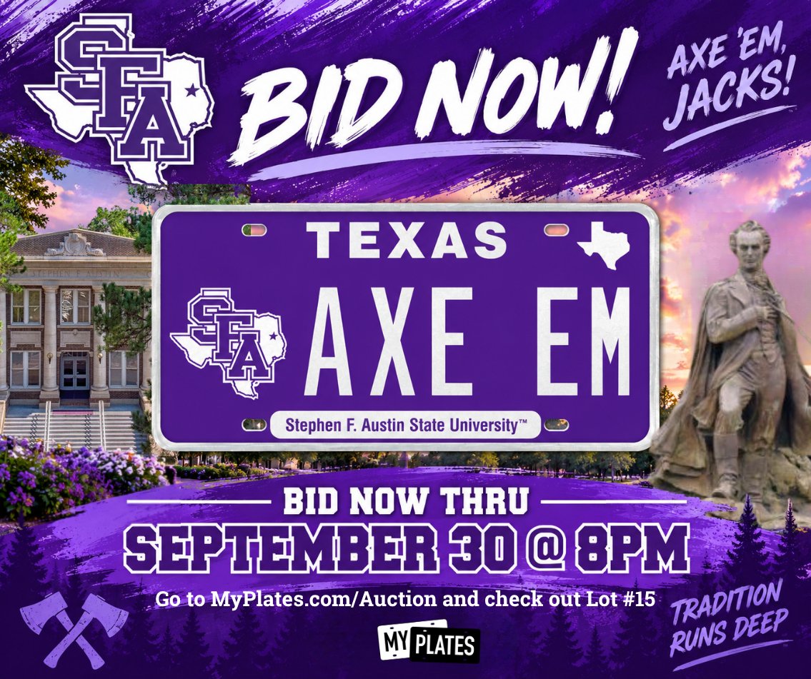myplates's tweet photo. AXE EM is Lot 15 in the https://t.co/kbsyq8PZNm underway right now! Lumberjack fans, this may be a once-in-a-lifetime chance to own the one and only AXE EM plate message. Registration &amp; bidding is ez. #AxeEm #EastTexasTough #SFA #SFASU #Lumberjacks #MyPlates https://t.co/wi5yR1sKVx