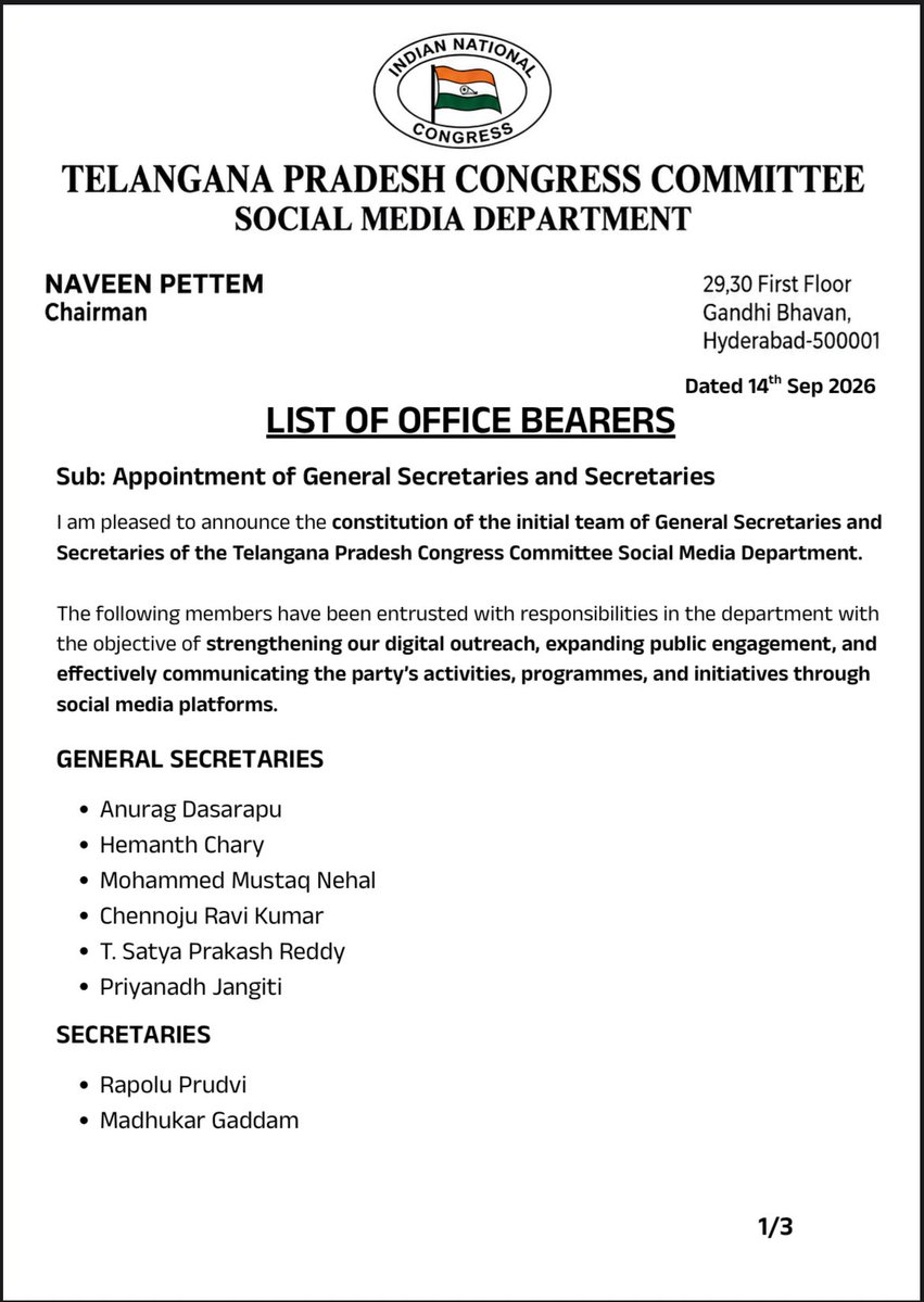 INCTelangana's tweet photo. Shri Naveen Pettem Chairman, TPCC Social Media Department has approved the initial list of General Secretaries and Secretaries.

Congratulations to all the newly approved office bearers. 

We wish them great success in their new responsibilities. https://t.co/PxhiudpMB7