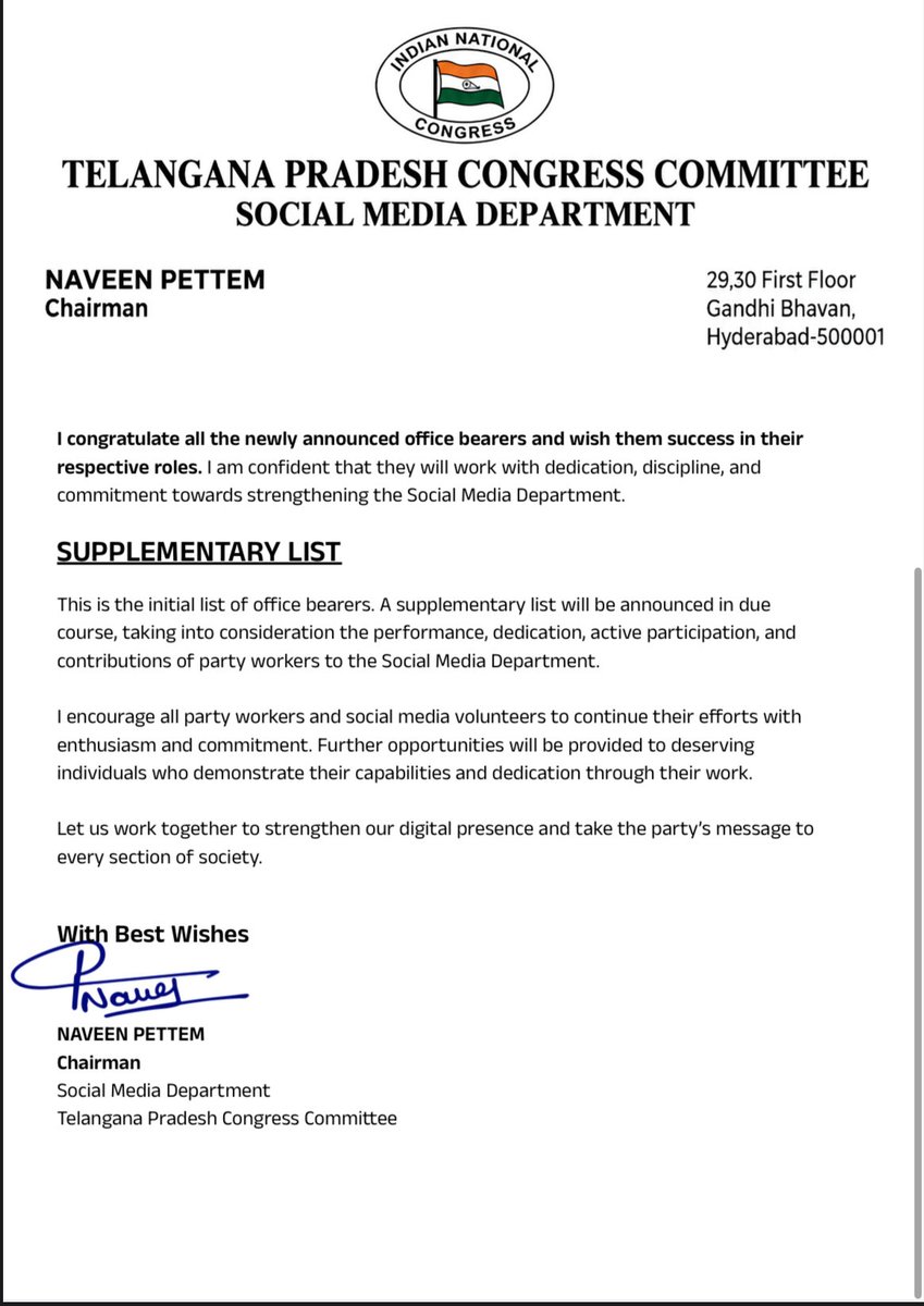 INCTelangana's tweet photo. Shri Naveen Pettem Chairman, TPCC Social Media Department has approved the initial list of General Secretaries and Secretaries.

Congratulations to all the newly approved office bearers. 

We wish them great success in their new responsibilities. https://t.co/PxhiudpMB7