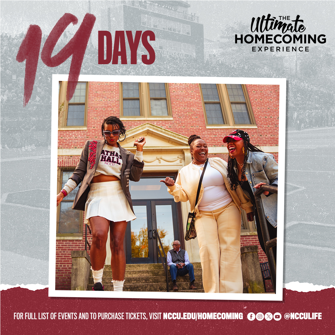NCCULife's tweet photo. #NCCUCommunity | 19 days to go! Nothing beats the laughter, hugs, and memories made on the Yard. Homecoming is about coming back to family. Full event list and tickets at https://t.co/Xx1bcuFlj4. #NCCUHC26 #EaglePride #NCCULife #WeAreNCCU https://t.co/lu18u2wS6C