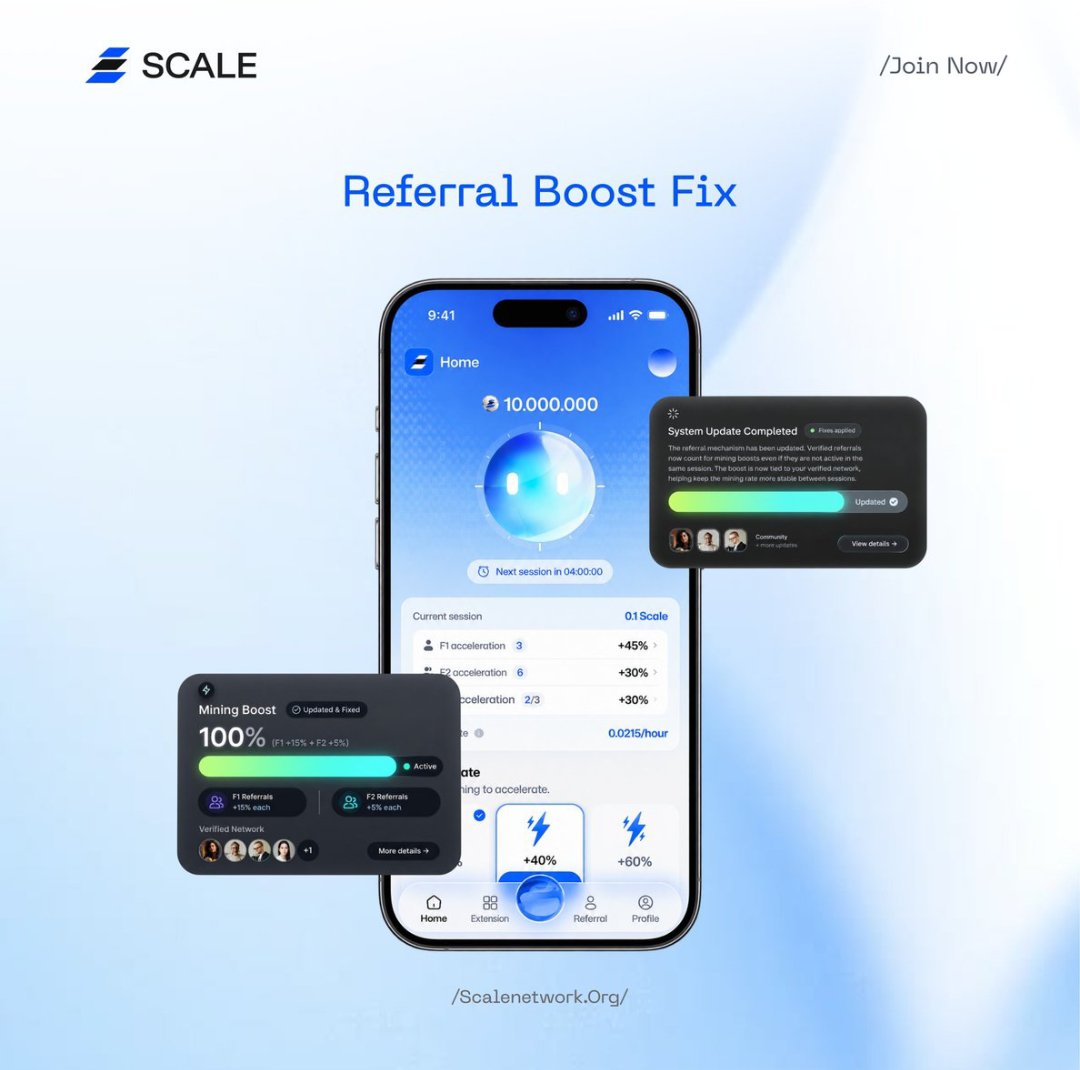 InterLinkID's tweet photo. After listening to your feedback and reviewing the issues reported around F1 and F2 mining boosts, our team has now completed the latest fixes.

The referral mechanism has been updated so that verified F1 and F2 referrals no longer need to be active in the same mining session for their boost to count.

F1: +15% mining rate each
F2: +5% mining rate each

The boost is now tied to your verified referral network, helping keep the mining rate more stable between sessions.

Thank you to everyone who reported the issue and shared screenshots to help us identify where the experience needed improvement.

Try the updated version and let us know if you still notice anything unusual.

We’re always listening, fixing, and improving with the community. 💙

Scale Network Joining Link:

https://t.co/t8yHUIJThG

@ScaleNetworkAI
#ScaleAI #SCALE #ScaleNetwork