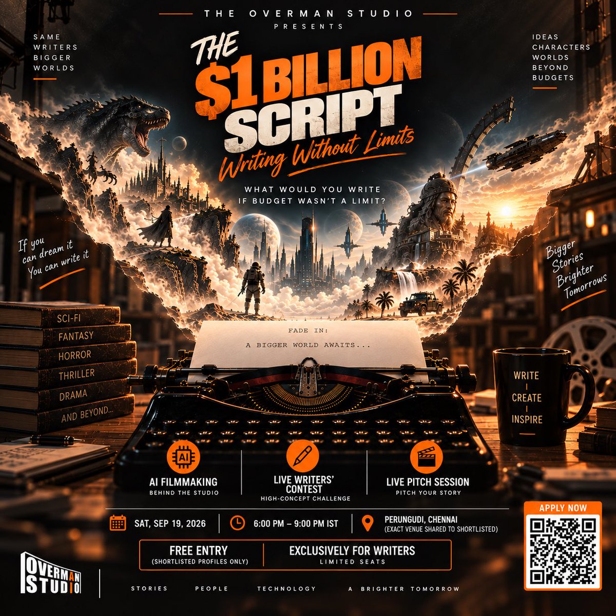 OvermanStudio's tweet photo. THE $1 BILLION SCRIPT: Writing Without Limits presented by The Overman Studio—an exclusive, high-impact meetup, contest, and live pitch session for screenwriters and storytellers.
 
If you had zero budget constraints and zero production limits, what story would you tell? https://t.co/ZE074YJBrX
