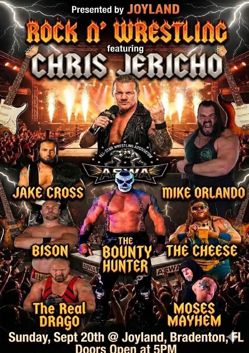 jimmolineaux's tweet photo. Attention Metal Heads &amp; Slam Fans

‼️6 DAYS AWAY‼️

🎸Rock &amp; Wrestling🤼‍♂️
Featuring 
KUARANTINE w/Chris Jericho
And
All-Star Wrestling Association 
Florida All-Star Wrestling

Sunday September 20th
Doors - 5pm

Location
Joyland
8333 N. Lockwood Ridge Rd.
Sarasota, Florida https://t.co/xAIq6rExQH