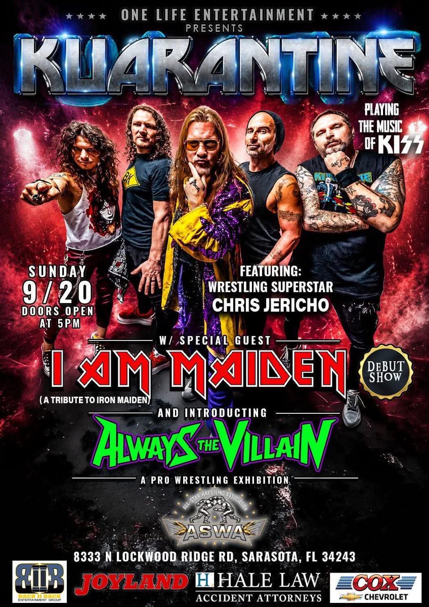 jimmolineaux's tweet photo. Attention Metal Heads &amp; Slam Fans

‼️6 DAYS AWAY‼️

🎸Rock &amp; Wrestling🤼‍♂️
Featuring 
KUARANTINE w/Chris Jericho
And
All-Star Wrestling Association 
Florida All-Star Wrestling

Sunday September 20th
Doors - 5pm

Location
Joyland
8333 N. Lockwood Ridge Rd.
Sarasota, Florida https://t.co/xAIq6rExQH