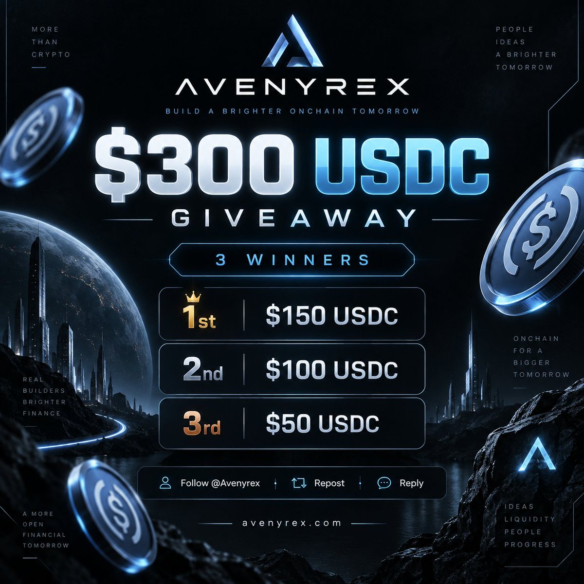 Avenyrex's tweet photo. 🚀 AVENYREX COMMUNITY GIVEAWAY

We’re building Avenyrex — a Solana-first crypto ecosystem focused on exchange and trading infrastructure.

To celebrate the beginning of our journey, we’re giving away $300 USDC to 3 winners:

🥇 $150 USDC
🥈 $100 USDC
🥉 $50 USDC

To enter:

1. Follow @Avenyrex

2. Repost this post

3. Reply with one feature you’d want to see in the Avenyrex Exchange

Winners announced in 7 days.

One entry per person. Multiple accounts will be disqualified.

🌐 https://t.co/hIspXRvQ8V

#Avenyrex #Solana #Crypto