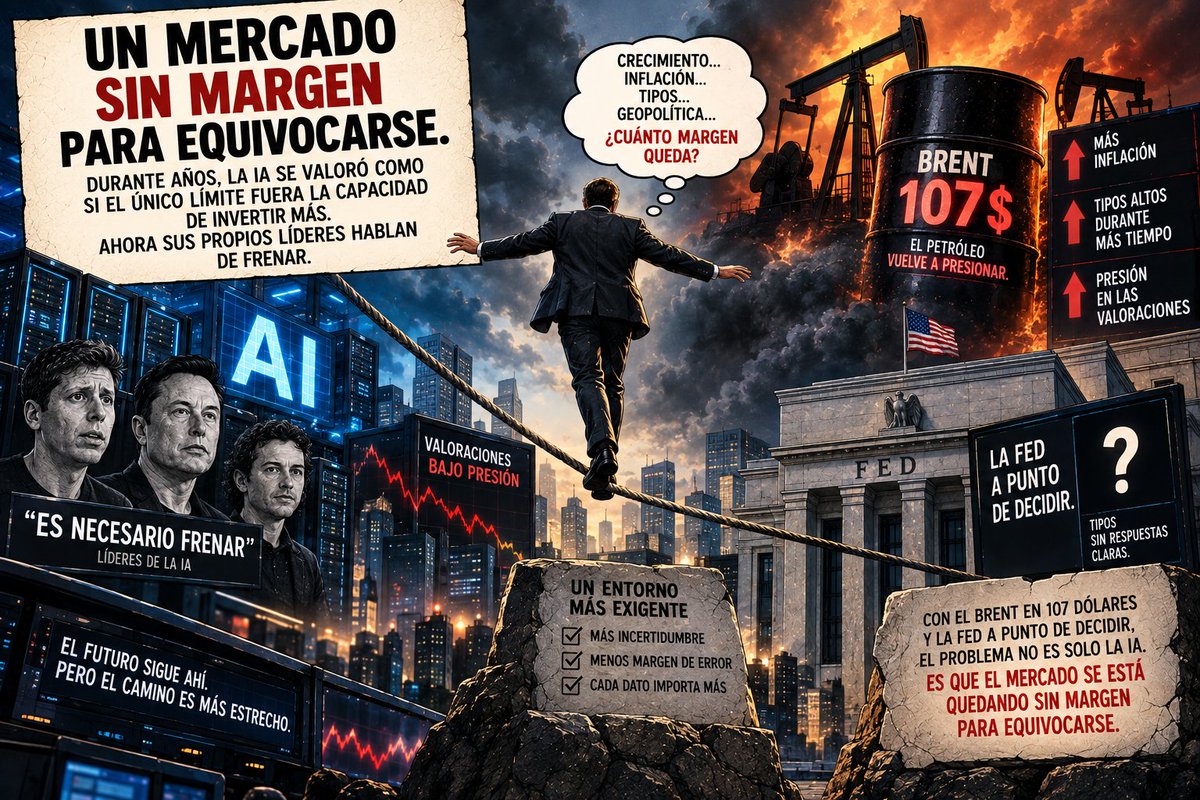 WStreet_Insider's tweet photo. Durante años, el mercado ha valorado la IA como si el único límite fuera la de invertir más.

Ahora sus propios líderes hablan de frenar.

Con el Brent en 107 dólares y la Fed a punto de decidir, el problema no es solo la IA. Es que el mercado se está quedando sin margen.

#IA https://t.co/GggEEcvkhO