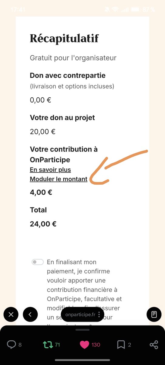 perusien's tweet photo. @JournalDuBet L'équipe, pour éviter que la plate-forme se gave sur les frais. Appuyez sur Moduler le montant et mettez 0. Ça vous permettra peut être de faire un plus gros don en payant 0€ de frais pour la plate-forme.
Courage à Louisa https://t.co/Qi11uZdOpd