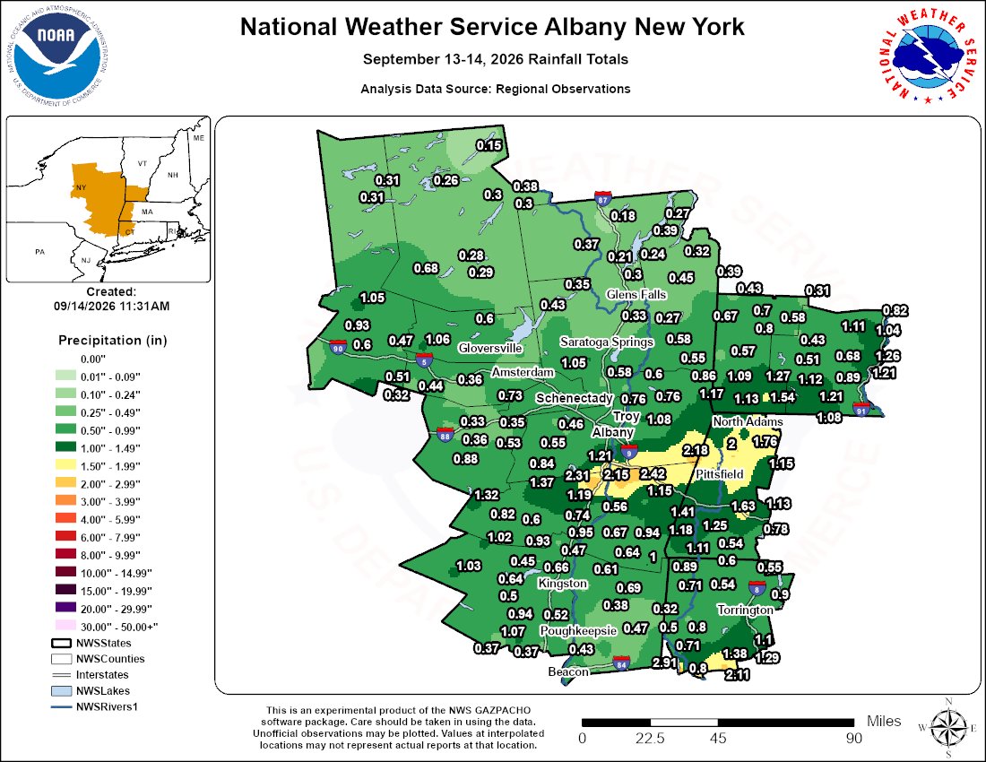 This map shows rainfall amounts from Sep 13-14, 2026 across eastern NY and western New England. A rainfall maxima occurred across portions of the south/southeast Capital Region and the northern Taconics of eastern NY, portions of southern VT and the Berkshires and 2nd one over portions of NW CT in southern Litchfield County, CT.