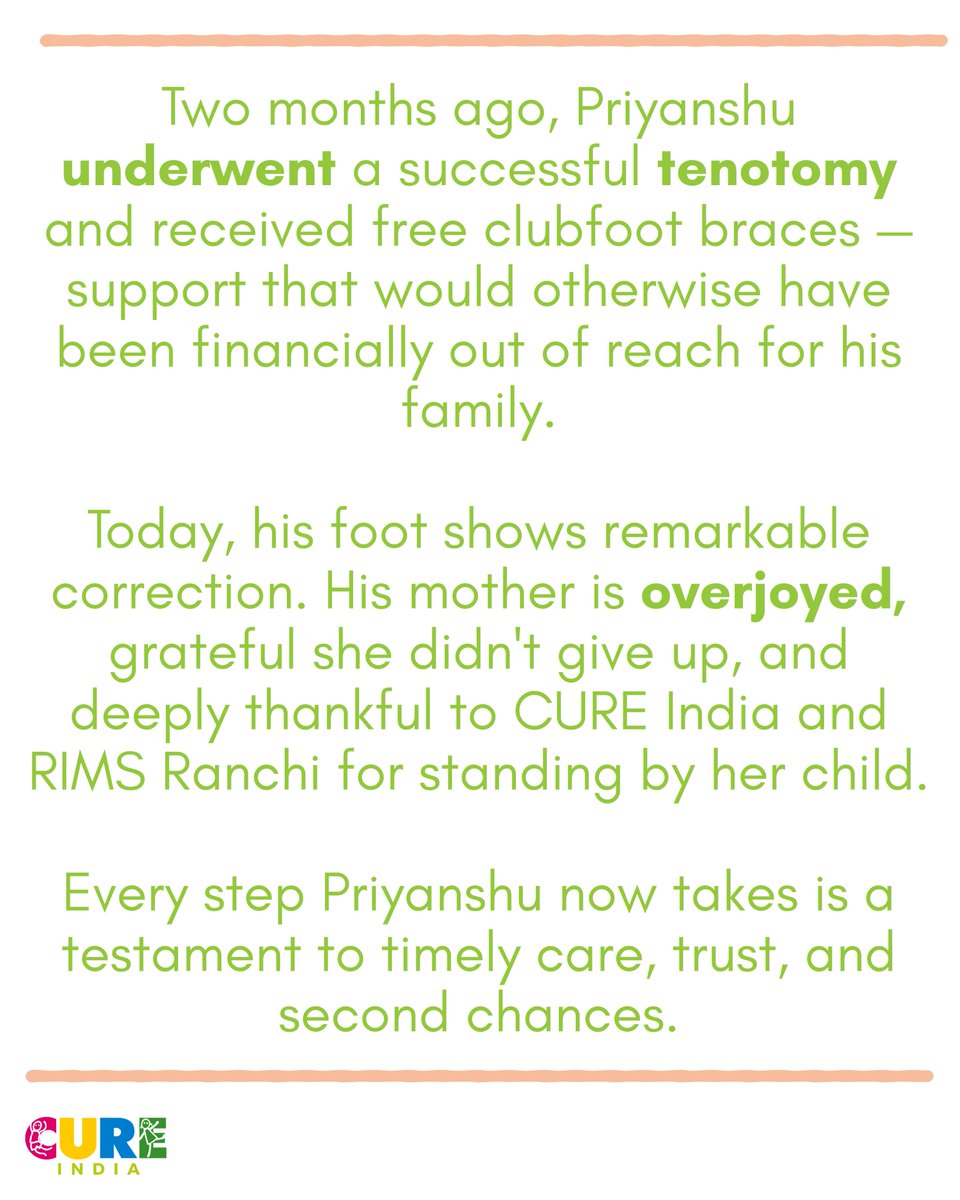 clubfootindia's tweet photo. Small Steps, Big Victory!
Priyanshu Munda from Ranchi fought atypical #clubfoot with help from RIMS Ranchi & #CUREIndia.
Free tenotomy + braces = wonderful correction! Thankful for his parents' trust.
Free treatment available; come forward today!
#RIMSRanchi #FreeTreatment https://t.co/m7ytD5PN9G