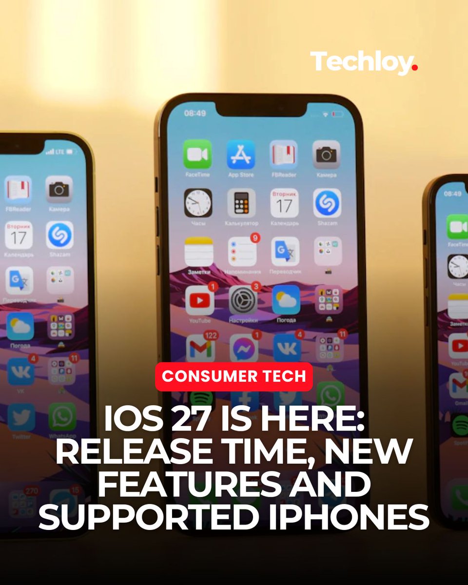 techloy's tweet photo. iOS 27 is here, and Apple has finally given Siri the AI upgrade we’ve been waiting for.

The update brings Siri AI, new Photos tools, faster apps and AirDrop, refined Liquid Glass, and more. The only problem is that to get the new Siri AI, you need an iPhone 15 Pro or newer.

Here’s everything you need to know before updating 👇
https://t.co/7HUFHIKStZ

#iOS27 #Apple #iPhone #Siri #AppleIntelligence
