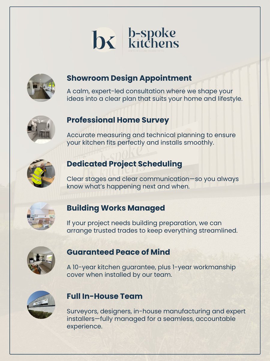 BSpokeKitchens's tweet photo. The B-Spoke process.

From showroom consultation to installation, every stage is carefully planned and managed by our own team.

Design. Survey. Manufacture. Installation.

One connected process.

#BSpokeKitchens #BespokeKitchens https://t.co/gWJ5U2d4OL