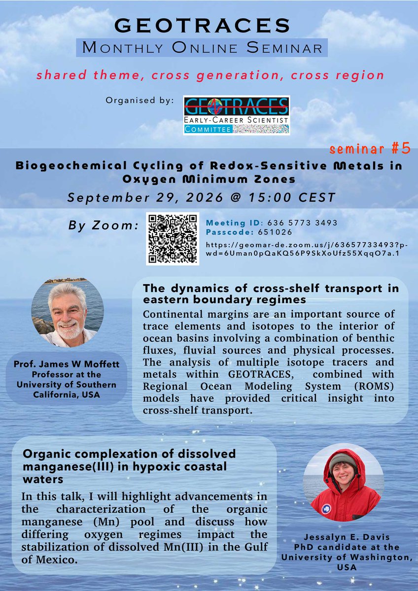 geotraces's tweet photo. ✨ GEOTRACES Online Seminar #5 - 29 September 15:00 CEST ✨

Biogeochemical Cycling of Redox-Sensitive Metals in Oxygen Minimum Zones

Speakers: Prof. James W. Moffett (U. of Southern California &amp; Jessalyn E. Davis (U. of Washington)
Moderator: Dr. Yang Xiang (Louisiana State U) https://t.co/kZBVfaDMgP