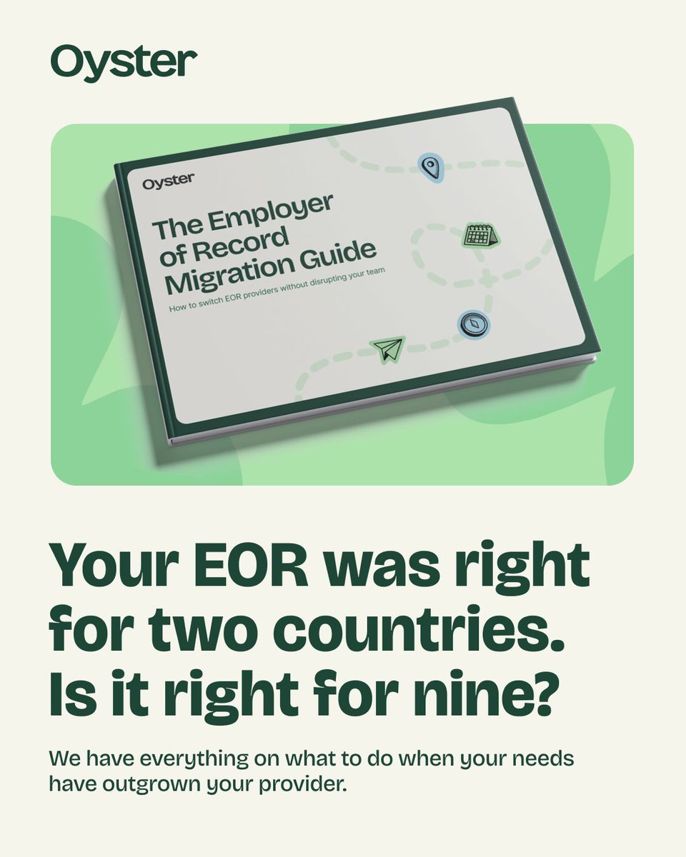 HeyOyster's tweet photo. Your #EOR was right for two countries. Is it right for nine?

Most first EOR decisions happen under deadline pressure, and they're usually fine at the time. What changes is scale. Nine countries and a same-day #compliance question is a different job than two hires and a start date.

Switching providers sounds risky. Staying with one you've outgrown is riskier.

Our EOR Migration Guide shows how to make the move without a #payroll gap or a nervous team: https://t.co/ukud6LjQ1M