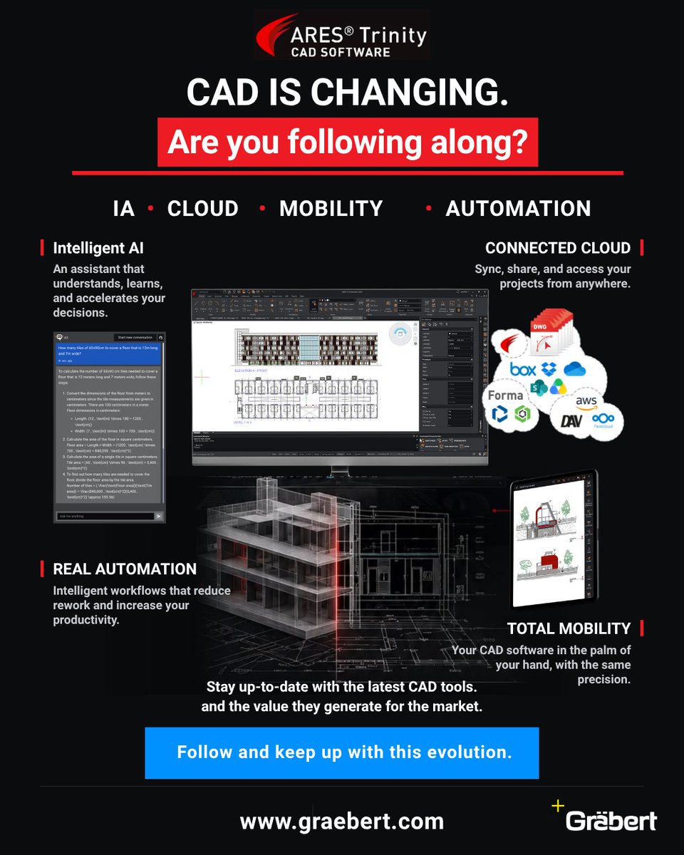 graebertcad's tweet photo. Does CAD end at the office? Take the same DWG wherever the project takes you. 💻📍 ARES Trinity connects desktop, cloud &amp; mobile CAD. Comment “TRINITY” for a demo or try it free for 30 days: https://t.co/alex6hhU02 https://t.co/A02IyWYVEm