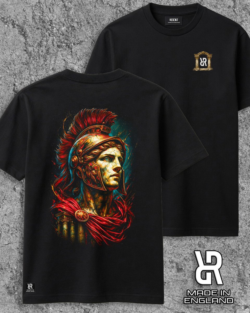 reflektclothing's tweet photo. The Centurion T‑Shirt. Made in Britain 🇬🇧

The back artwork depicts a Roman centurion in full battle dress. The front carries our unique Trojan Collection emblem: the REFLEKT insignia encased in marble and set within a golden arch, representing heritage preserved through modern design. This halftone graphic uses spaced dots to create tonal detail without loading the garment with ink, letting the natural black of the cotton form the deepest shadows for a lighter, more breathable finish.

Crafted in England from heavyweight 280 GSM cotton, the Centurion T‑Shirt holds structure and intent. Built for those who never back down.

Features:

• Luxury 100% Cotton
• Heavyweight 280 GSM - Interlock
• Trojan Logo (front)
• Large Centurion artwork (back)
• Insignia Patch (lower back)
• Made in England
