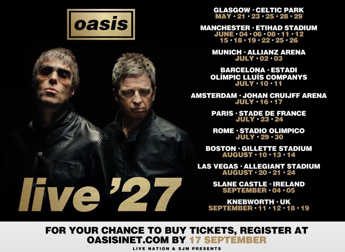 musictrendscol's tweet photo. #EsTendencia: OASIS anuncia las ciudades y países que visitará con su gira live ‘27 🔥

Ninguna ciudad latinoamericana ha sido incluida. https://t.co/DcUPhld8ES