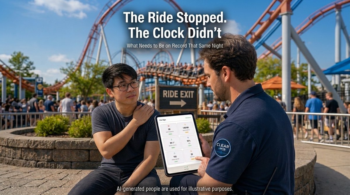 ePCRsolutions's tweet photo. Nobody fills out 11 fields at 9:45 PM in July. 

But amusement park claims land 6 months later.

What holds up:
• Real timestamps
• Ride, train, row, seat
• Guest's own words
• Refusal signature
• Witnesses, separately
• Photos attached to the record

Free demo, link in bio https://t.co/MKg4ydowzW