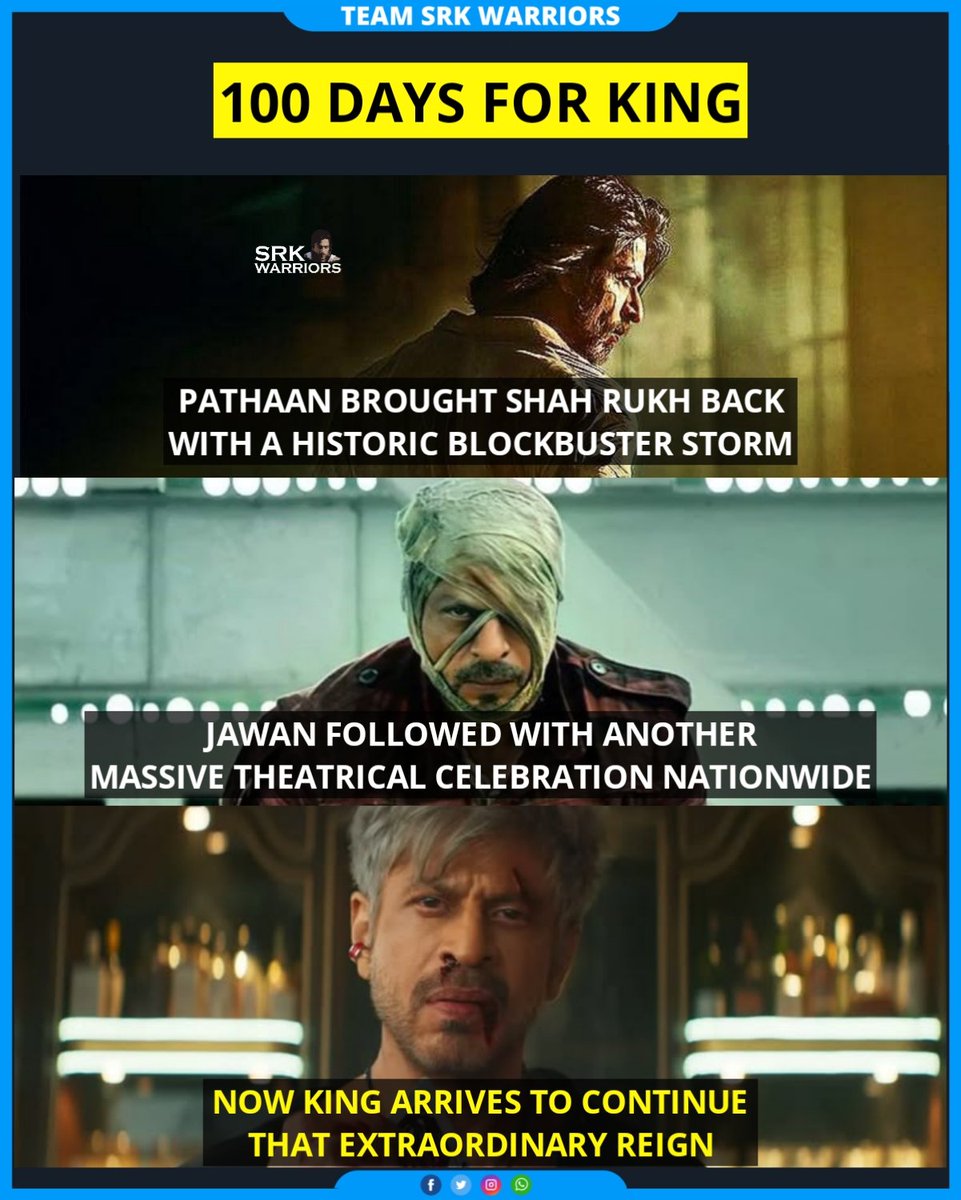 TeamSRKWarriors's tweet photo. Pathaan brought Shah Rukh Khan back with a historic blockbuster storm ❤️

Jawan followed with another massive theatrical celebration worldwide 🔥

Now KING arrives to continue that extraordinary reign! 👑

KING ROARS IN 100 DAYS

#ShahRukhKhan #KING https://t.co/Jd8k28R5W3
