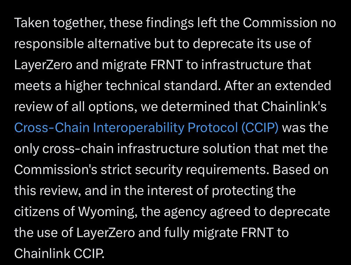 ChainLinkGod's tweet photo. 🚨 NEW info just dropped about why the Wyoming government deprecated @LayerZero_Core and migrated $FRNT to @Chainlink CCIP 👀

And it doesn’t look good 🤦‍♂️

According to @LawhornKA, CISO of the Wyoming Stable Token Commisison (@wyostable), the Commission conducted an extensive review of LayerZero Labs’ security posture and access-control processes

From this review, they discovered a repeated pattern of major operational security failures at @LayerZero_Labs, including:

- the failure to maintain proper control of a critical private key used to manage a live production FRNT deployment (!!)

- a recent access-control issue in which the company failed to transfer a production authorization to the Commission

- inadequate disclosures provided about incidents, both public and private

Yes, you read that right, LayerZero Labs lost control of a private key used to manage a live production deployment of the Wyoming state government’s stablecoin

This massive issue is in ADDITION to the $292 million LayerZero exploit, in which hackers affiliated with North Korea (DPRK) breached LayerZero Labs’ infra

And in addition to LayerZero Labs’ mismanagement of 3 production multisig keys that were engaged in non-multisig related activity (incl “McPepes” memecoin trading) on their production 2-of-5 Gnosis Safe multisig used to manage billions in user value

TL;DR: Based on all available public information, @LayerZero_Labs has one of the worst operational security track records in the entire blockchain industry and should be never allowed to touch a multisig private key ever again