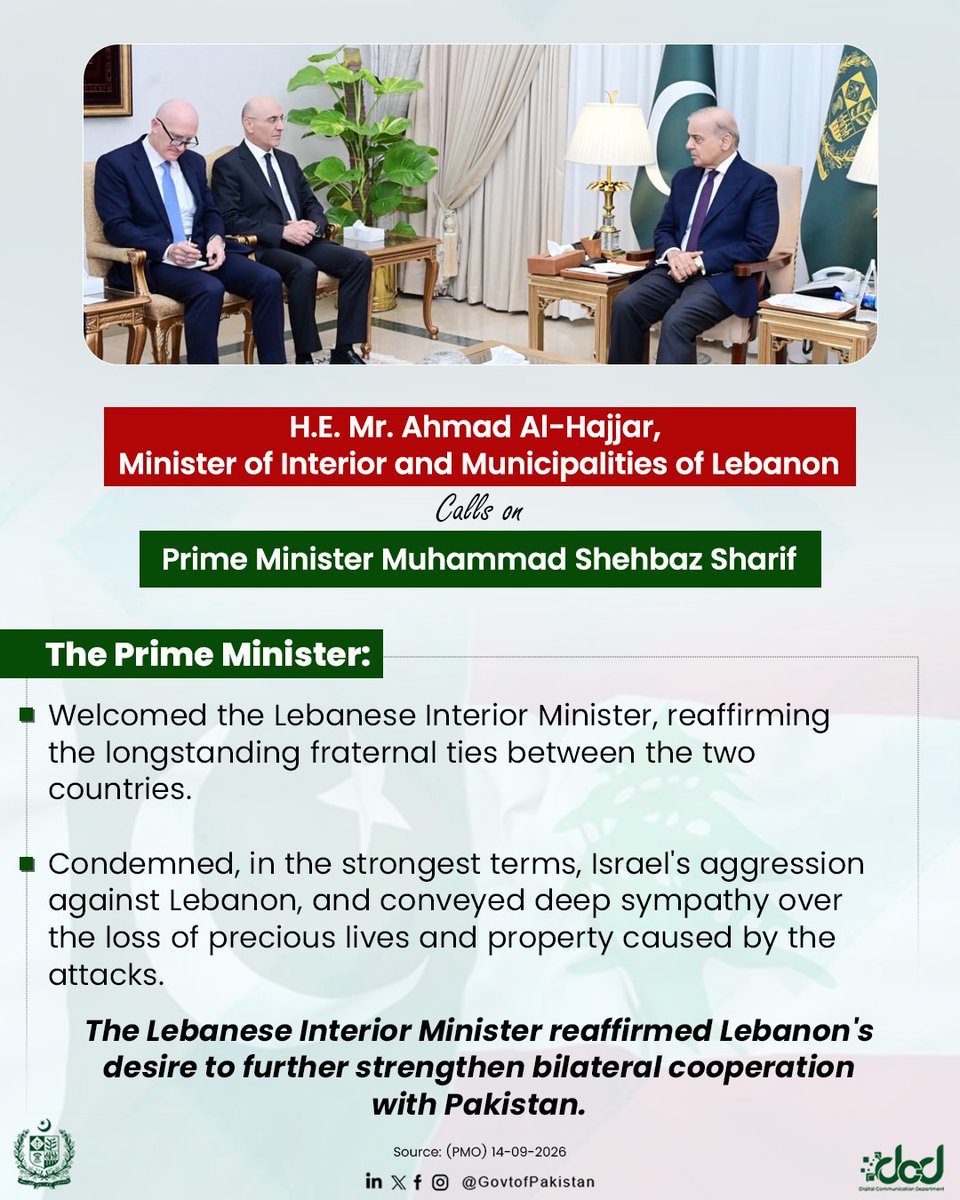 Pakistan Strengthens Bonds with Lebanon: PM Shehbaz Sharif Welcomes Interior Minister Ahmad Al-Hajjar