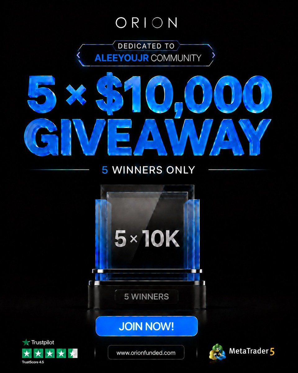 Aleeyou_Jr_'s tweet photo. Giveaway time 🎉

We’ll be giving away 5 × $10K accounts 
Use the code ALEEYOUJR50 to enjoy 50% discount 

To enter, participants must:
• Follow @OrionAffiliates @Aleeyou_Jr_ @orionfundedcom 
Like and repost this post 
Tag 3 your friends
Join my free TG: https://t.co/a9iLQWmrNX

Also follow.
@Hustler_A3
@khaleepsonfx
@Major__Fx

You must drop the proof in comment.
Good luck 🤞🏽
