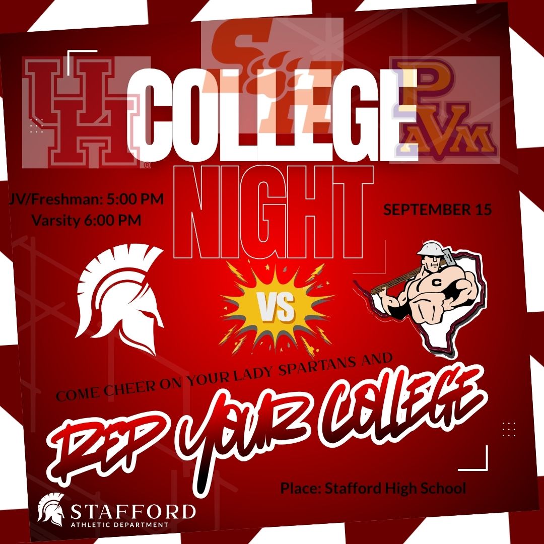 SHS_Spartans_VB's tweet photo. Join us tomorrow and show your school spirit. Whats your favorite college? What alma mater will you be representing? Putting the student, in student-athlete. @Stafford_Sports @SMSDHigh https://t.co/zNyHXRRNmh