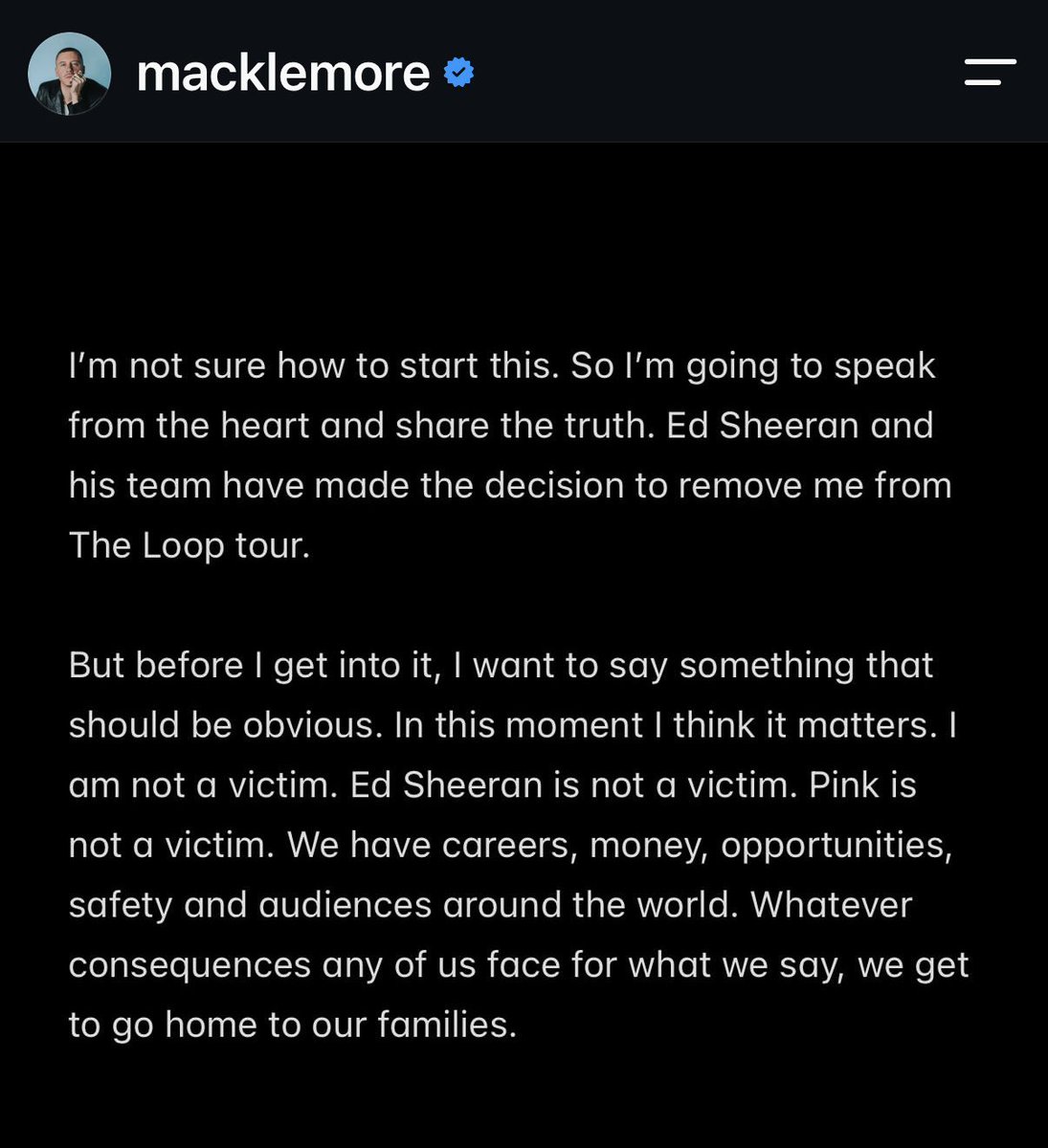 JimmyJ4thewin's tweet photo. 🚨NEW: Macklemore posts an Instagram statement after being dropped from Ed Sheeran’s remaining U.S. stadium dates. 🧵 

via Macklemore/Instagram https://t.co/2vuq4pGKL4
