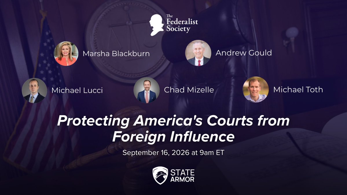 StateArmor's tweet photo. This Wednesday, State Armor Founder @Michael7ucci will join Sen. @MarshaBlackburn, @chad_mizelle, and @mctoth for a @FedSoc panel examining the Environmental Law Institute's ties to Communist China and its role in educating America’s judges.
 
Watch live: https://t.co/c87VMpia84 https://t.co/xE6re6t3Rj