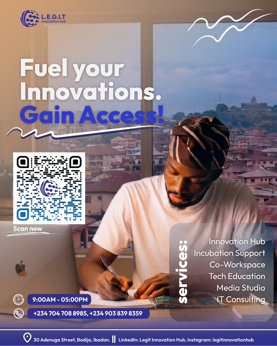 legitinnhub's tweet photo. Happy New Week!

Kick off your week with steady power, fast Wi-Fi, and a calm space to get work done at Legit Innovation Hub.

📍 30 Adenuga Street, Bodija, Ibadan 🕒 9 AM – 6 PM 📞 07047088985
Scan the QR code or walk in today! https://t.co/pstLUBe3NR
