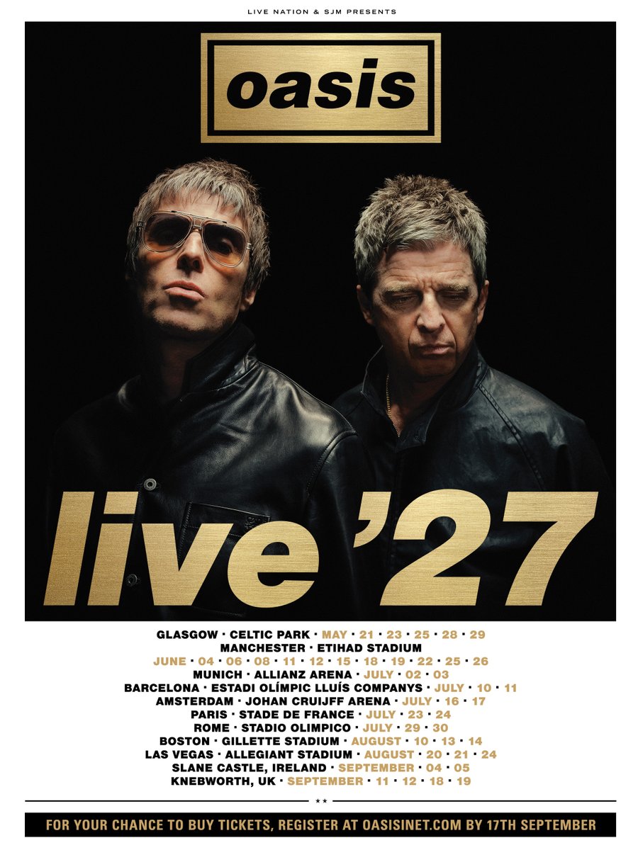 oasis's tweet photo. Registration is open now until 4pm BST on 17th Sept!
🚨This is the only way in which you will be able to have a chance to purchase tickets.
👉 https://t.co/byP5fy5g3D
🚩Please note that mailing list members are still required to register.
#OasisLive27 https://t.co/c7pw0FbuPe