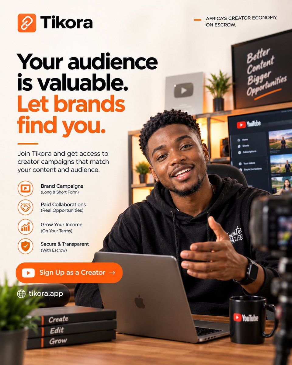Tikorapro's tweet photo. YouTube creators, this one is for you. 🎥

Your videos do more than generate views. You explain. You review. You teach. You tell stories. You build trust with an audience that keeps coming back.

And brands are looking for that kind of influence. https://t.co/KVmPPsNk8w