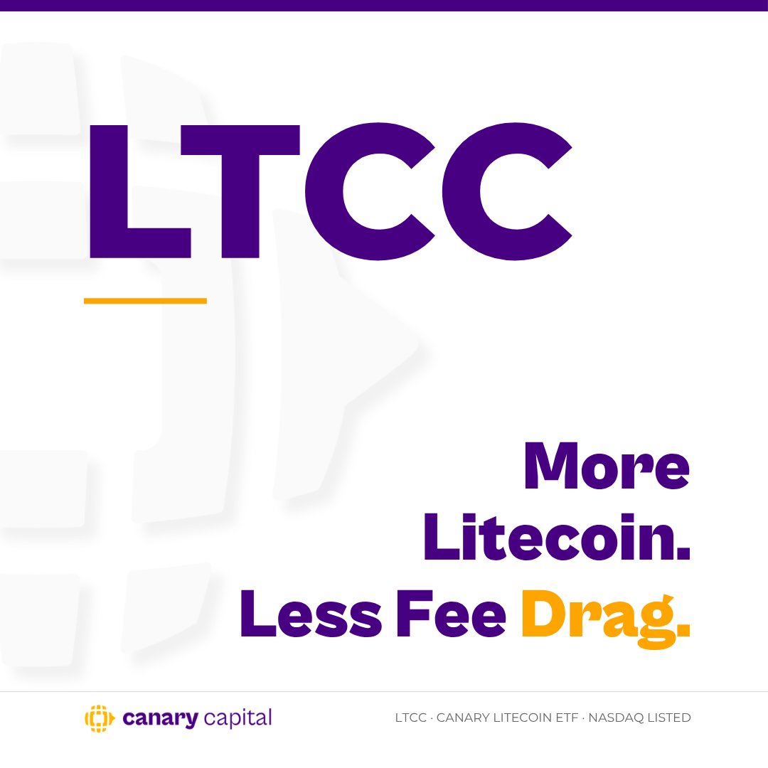 CanaryFunds's tweet photo. 🐤 Why pay more?

$LTCC offers one of the lowest management fees among U.S. Litecoin ETFs.

More Litecoin exposure. Less fee drag. Search LTCC.

______________________

https://t.co/M38SJACJkD and https://t.co/CHzZOmBenb Investing involves significant risk, the loss of principal is possible. Canary Litecoin ETF may not be suitable for all investors. LTCC is not a commodity pool or an investment company registered under the Investment Company Act of 1940 (the "1940 Act"), and therefore is not subject to the same regulatory requirements as mutual funds or traditional ETFs registered under the 1940 Act. Visit https://t.co/VC1T4RSIcv for more information including associated risks.