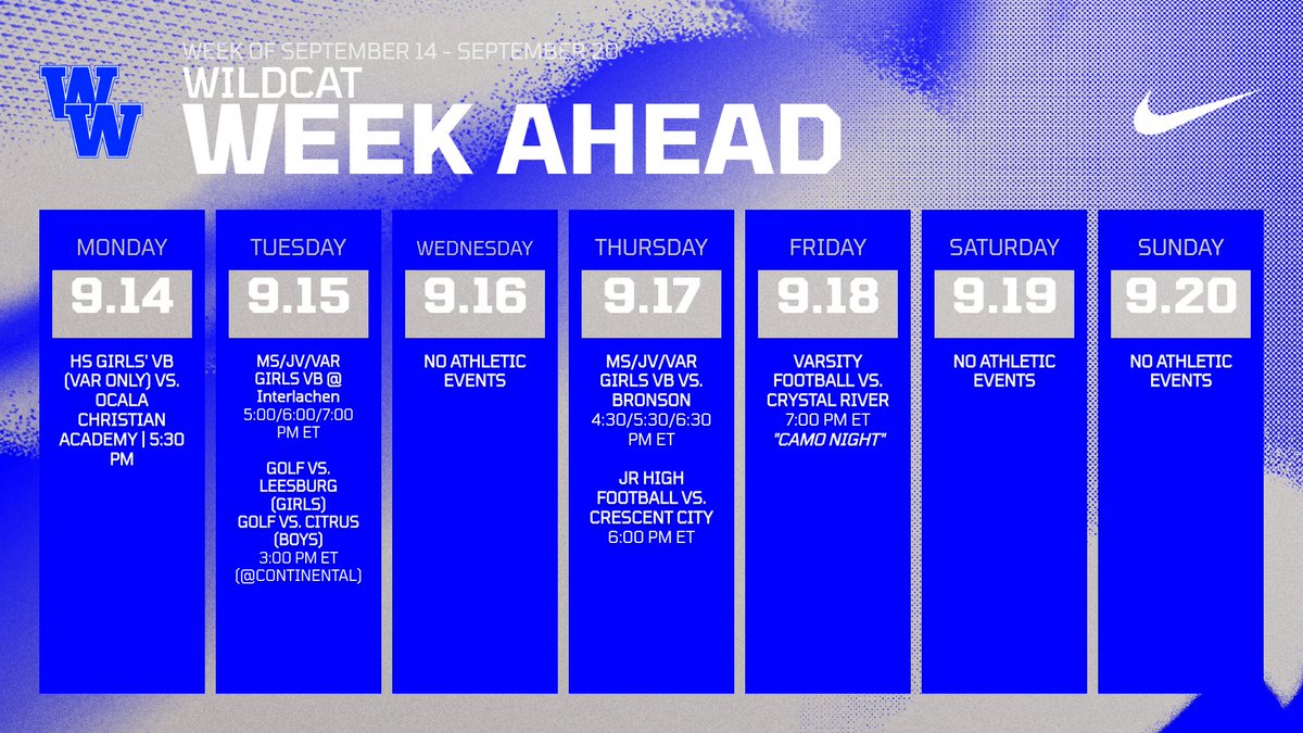 WMHSWildcats's tweet photo. 📅 WEEK OF SEPTEMBER 14 - SEPTEMBER 20
Get ready, Wildcats! Let's make this week one for the books! Stay tuned for updates and support your teams! #WildwoodAthletics #GoWildcats https://t.co/ZmppBLCrWH