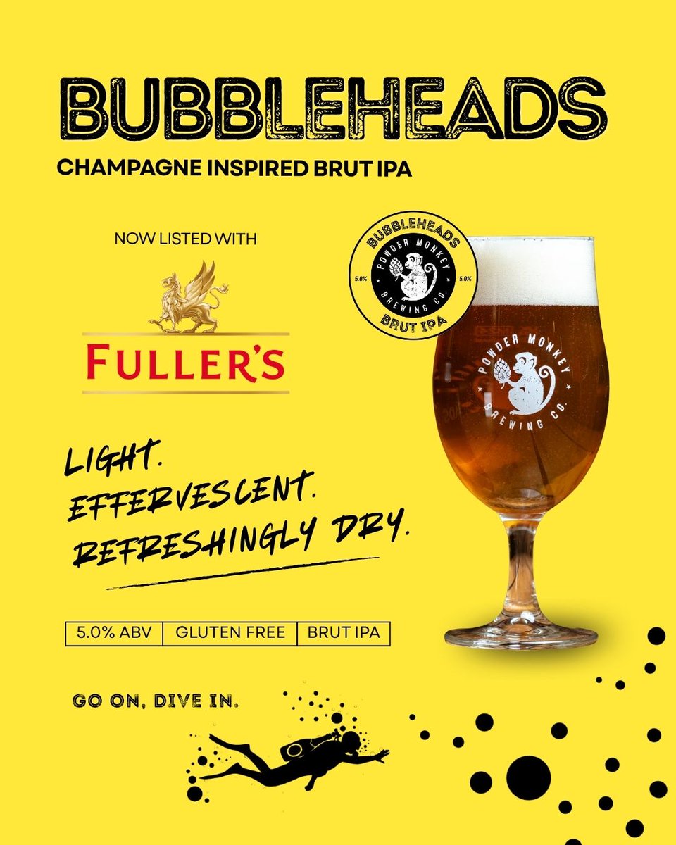 PMBrewCo's tweet photo. BUBBLEHEADS HAS LANDED AT FULLER'S! 🍺🎉

Big news. Our Champagne-inspired Brut IPA is now available through Fuller's, meaning Bubbleheads is heading to pubs across London, the South East and beyond.

Got a Fuller's local? Ask them to get Bubbleheads on the bar. https://t.co/Q0roozvaSU