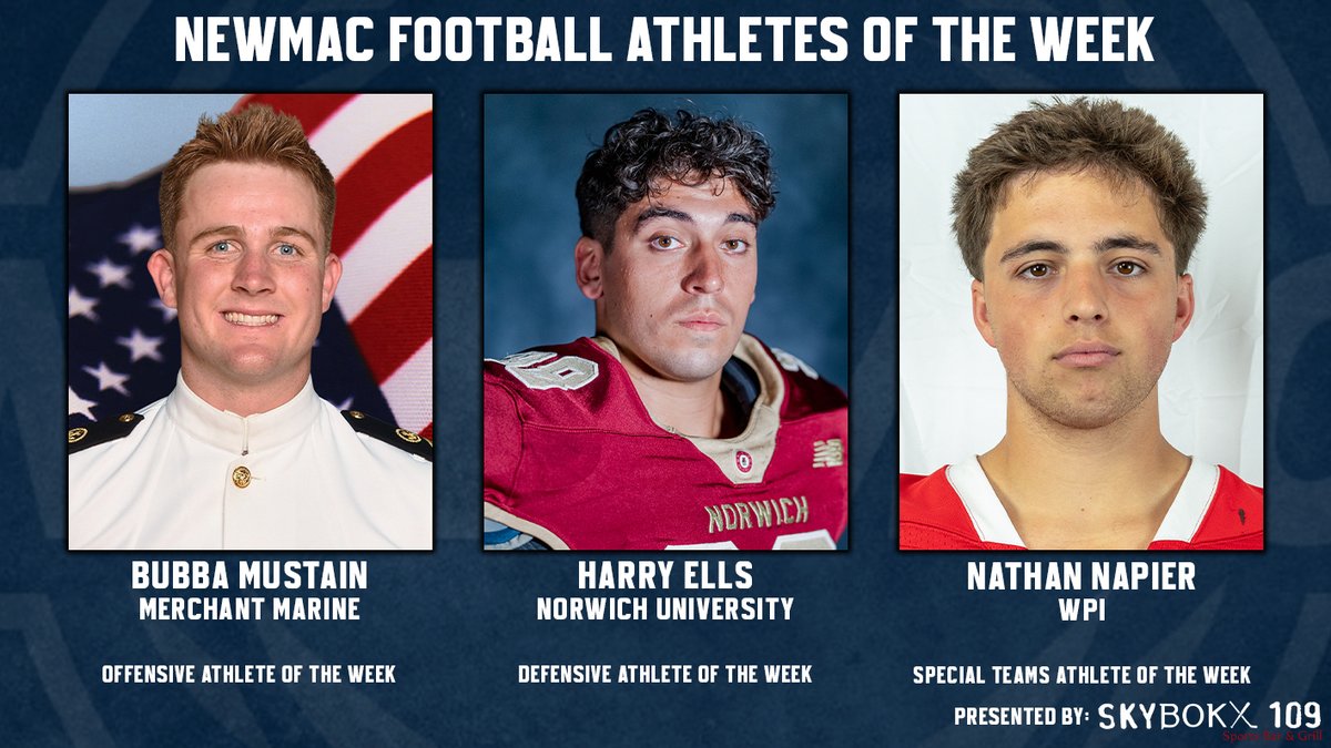 NEWMACsports's tweet photo. NEWMAC Football Weekly Report #2 - September 14        

🔗https://t.co/ICfCFAiYaY 

Offensive Athlete of the Week - Bubba Mustain, Merchant Marine

Defensive Athlete of the Week - Harry Ells, Norwich    

Special Teams Athlete of the Week - Nathan Napier, WPI https://t.co/VxhRNhySHG