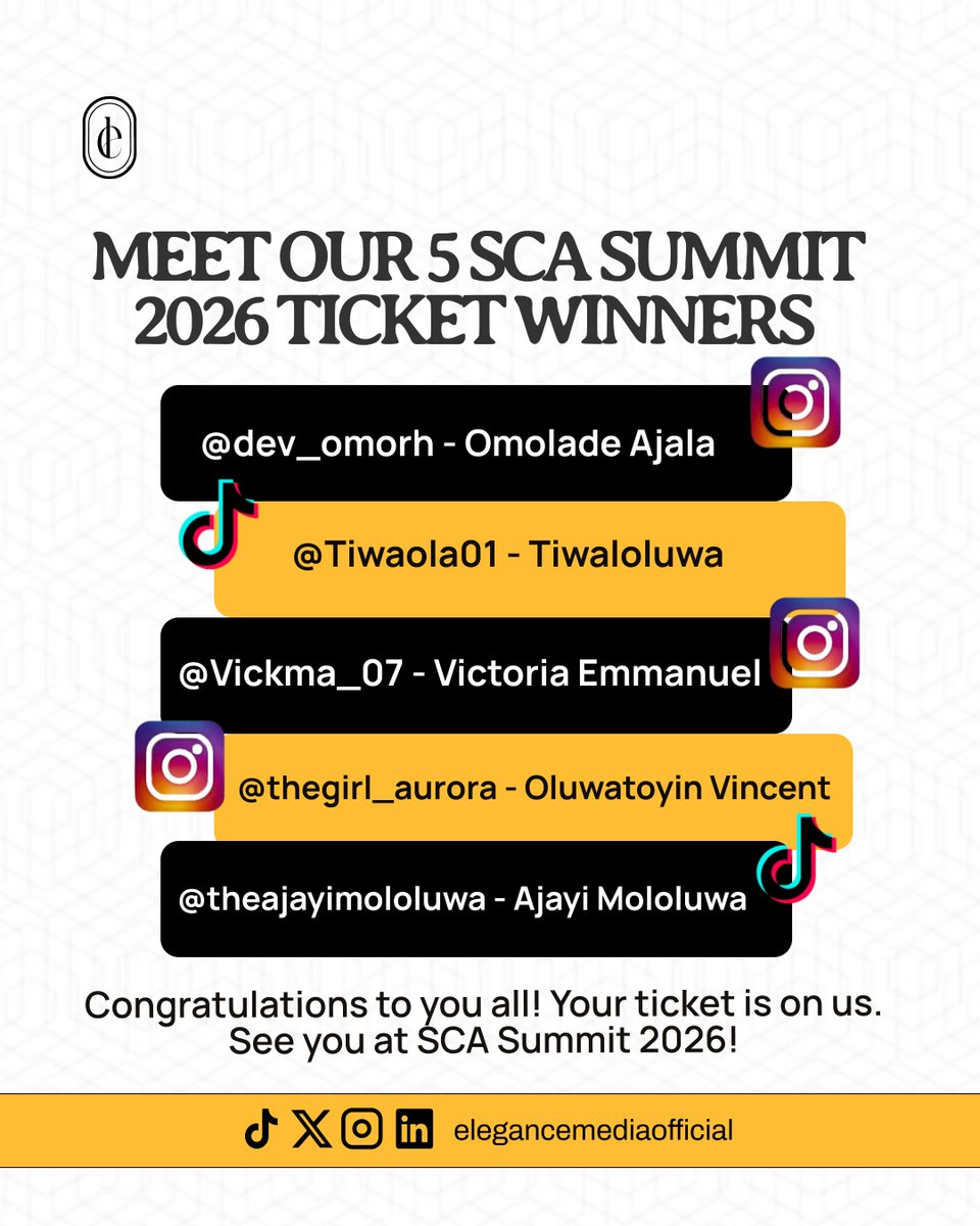 media_elegance's tweet photo. Congratulations to the She Code Africa Summit 2026 Free ticket winners.  

Want to be part of the room to learn, connect, and grow @shecodeafrica? You can still get in with 25% off any ticket.  

Comment "SCA Discount" below,

#SCASummit2026 #SheCodeAfrica #SCAat10 https://t.co/hqyxhafIjp