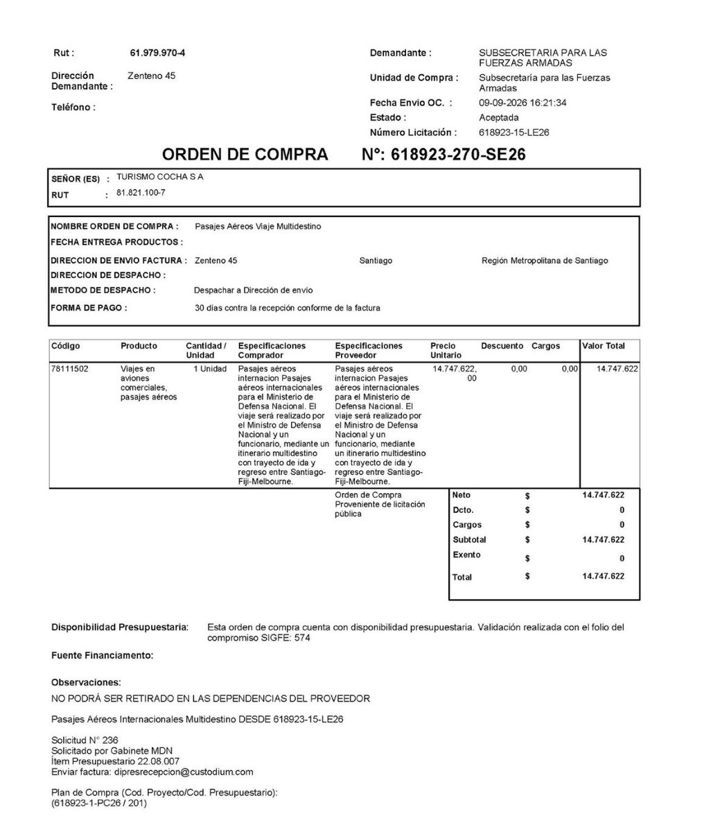 hernan_sr's tweet photo. 🚨URGENTE 

El ministerio de defensa gastó más de $14.000.000 para que el ministro Barros viaje en Bussines a Fiji y luego a Australia. 

Lo más insólito que su asistente viajará en turista. 

Ma info en el link de @ContrapoderCH https://t.co/xy7MlkYZNG