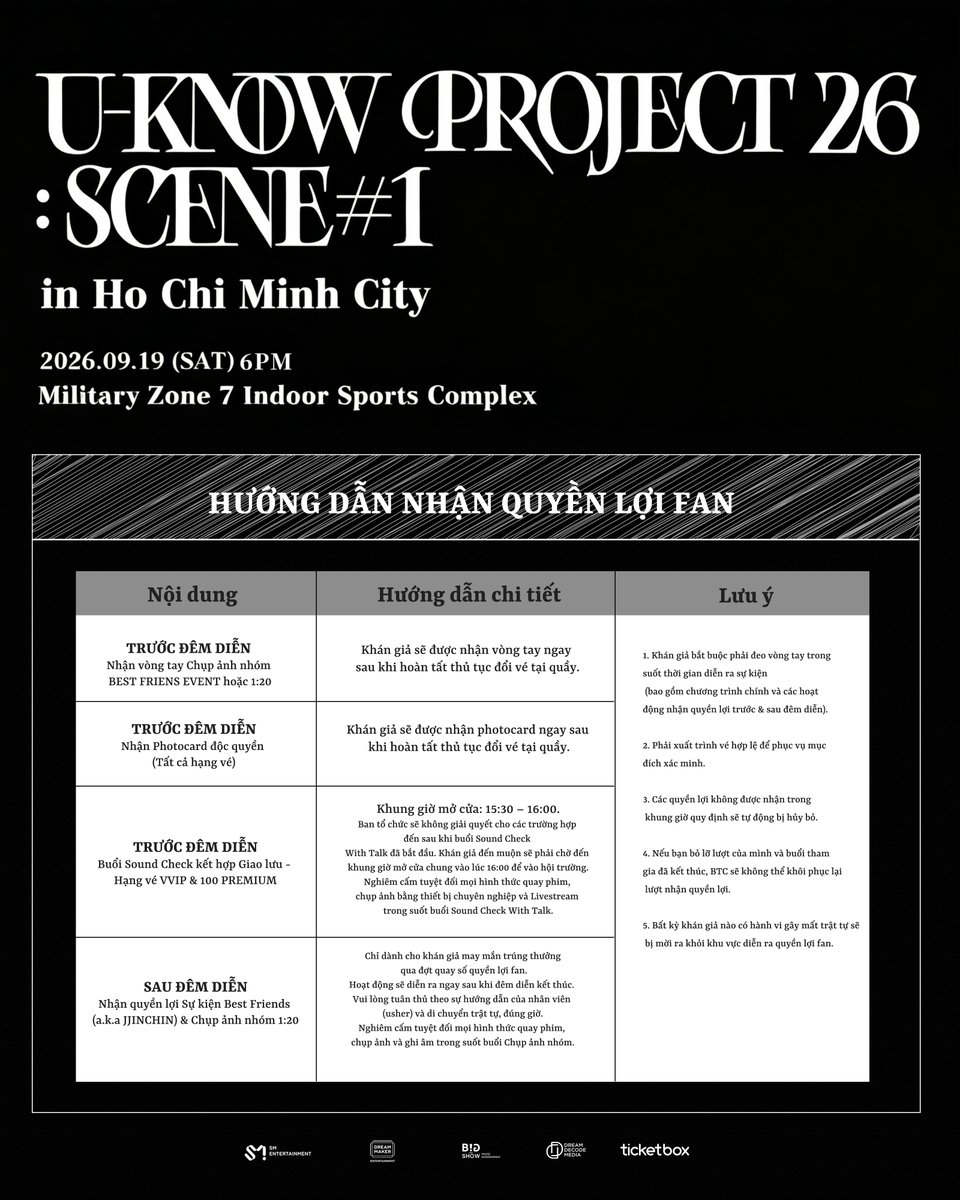 peadiavn's tweet photo. Vào Check vội danh sách trúng "Phúc lợi độc quyền" (Fan Benefit) của U-KNOW PROJECT 26 : SCENE#1 in HO CHI MINH CITY liền đi ạ! 🎉
Dò kỹ từng số, từng tên xem thần may mắn có gọi tên mình không nha! 💛

Vui lòng đọc kỹ các hướng dẫn dưới đấy để có một khoảnh khắc thật tuyệt vời cùng nhau nhé.
Các bồ đã sẵn sàng chưa, khoảnh khắc được mong chờ từ lâu của chúng ta đang đến gần rồi. 🔥✨

U-KNOW PROJECT 26 : SCENE#1 in HO CHI MINH CITY
Benefit winner list & Event Day Schedule & Important Information released!

Please check carefully and don't miss out.
Let's check the guidelines carefully to ensure a wonderful time together.💛
Get ready, our much-anticipated encounter is just around the corner.🔥✨

[U-KNOW PROJECT 26 : SCENE#1 in HO CHI MINH CITY]
📅 Thời gian / Show date: Từ 18h00, ngày 19/09/2026(giờ Việt Nam) | From 6:00 PM, September 19th, 2026 (ICT).
🎟 Kênh bán vé chính thức / Official Ticketing Platform: https://t.co/P87dhlmNMb
📍 Địa điểm / Venue: Nhà Thi Đấu Quân Khu 7 – Số 202 Hoàng Văn Thụ, Phường Đức Nhuận, TP. Hồ Chí Minh | Military Zone 7 Indoor Sports Complex – No. 202 Hoang Van Thu, Duc Nhuan Ward, Ho Chi Minh City.
#UKNOW #TVXQ! #UKNOW_PROJECT26 #UKNOW_CONCERT_TOUR #UKNOW_PROJECT26_HCMC