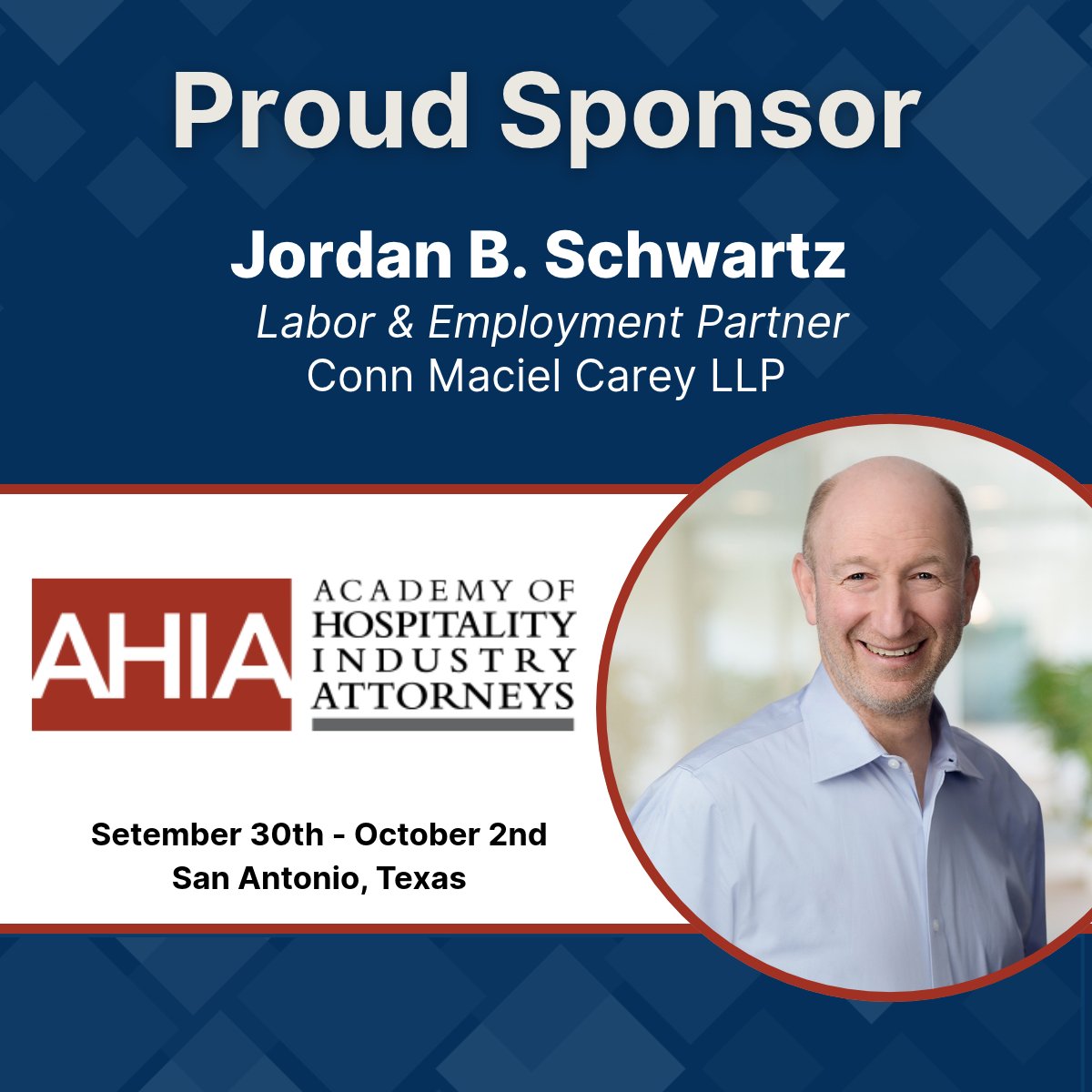 ConnMaciel_LLP's tweet photo. Catch CMC’s L&amp;E Partner Jordan Schwartz at the 2026 Academy of Hospitality Industry Attorneys (AHIA) Fall Meeting in San Antonio this month!

Click here for more information: https://t.co/Cr0cXS773L https://t.co/uEHCwcbVMG