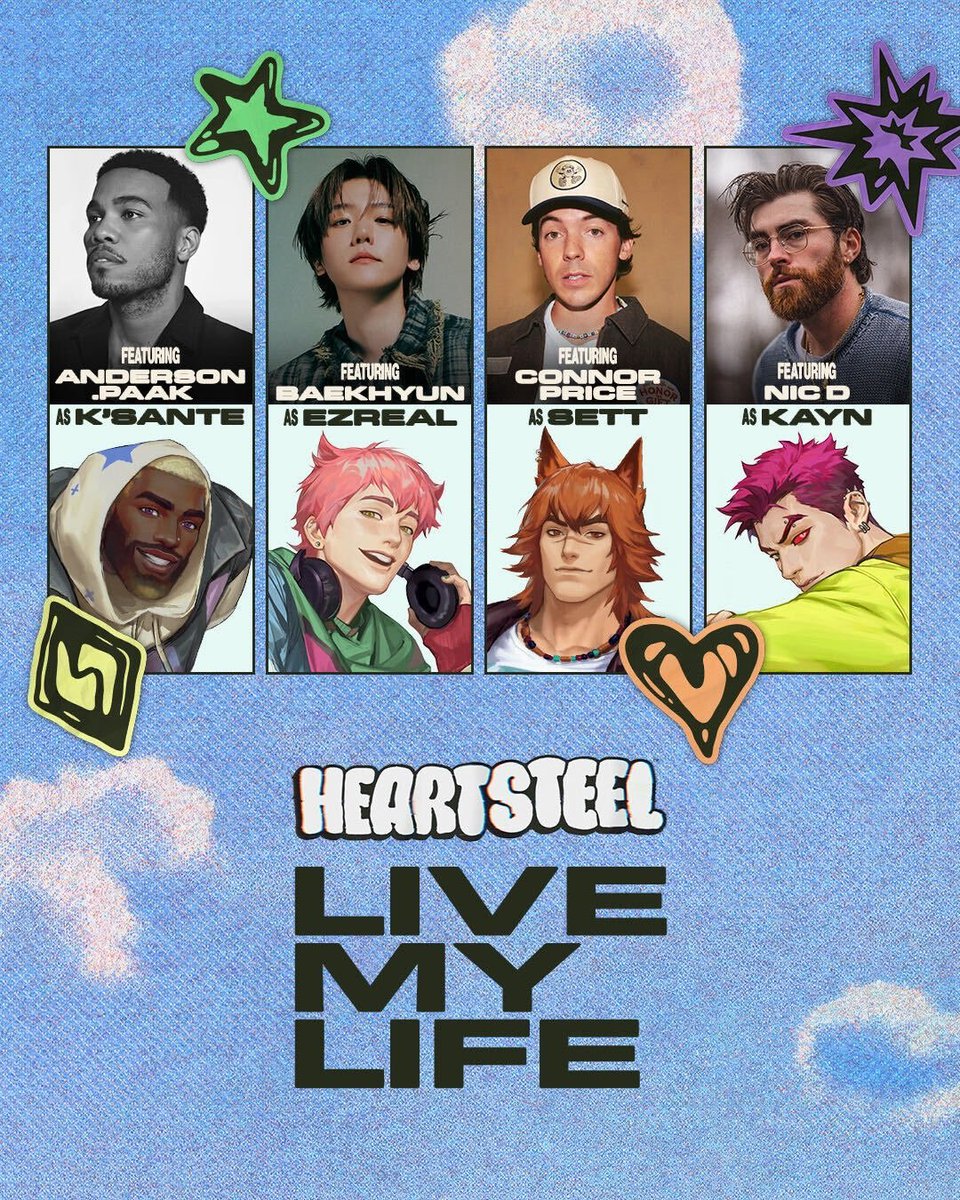 NewAzkaryan's tweet photo. Heartsteel 2026‼️

Conheça as vozes que darão vida ao grupo em "Live My Life"

☁️ Ezreal
• Baekhyun

☁️ K'Sante
• Anderson .Paak

☁️ Sett
• Connor Price

☁️ Kayn
• Nic D https://t.co/mAp6tbLcBE
