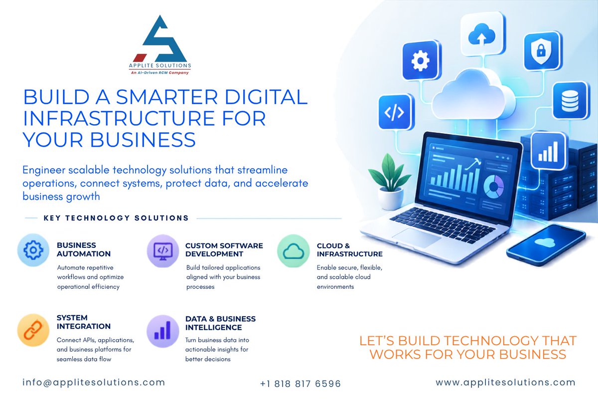 Applite_LLC's tweet photo. Is your technology infrastructure helping your business grow or slowing it down?
From automation and custom software to cloud, integration, and business intelligence, Applite Solutions builds technology that works for your business.
#DigitalTransformation #BusinessTechnology https://t.co/p8uiiN6jkN
