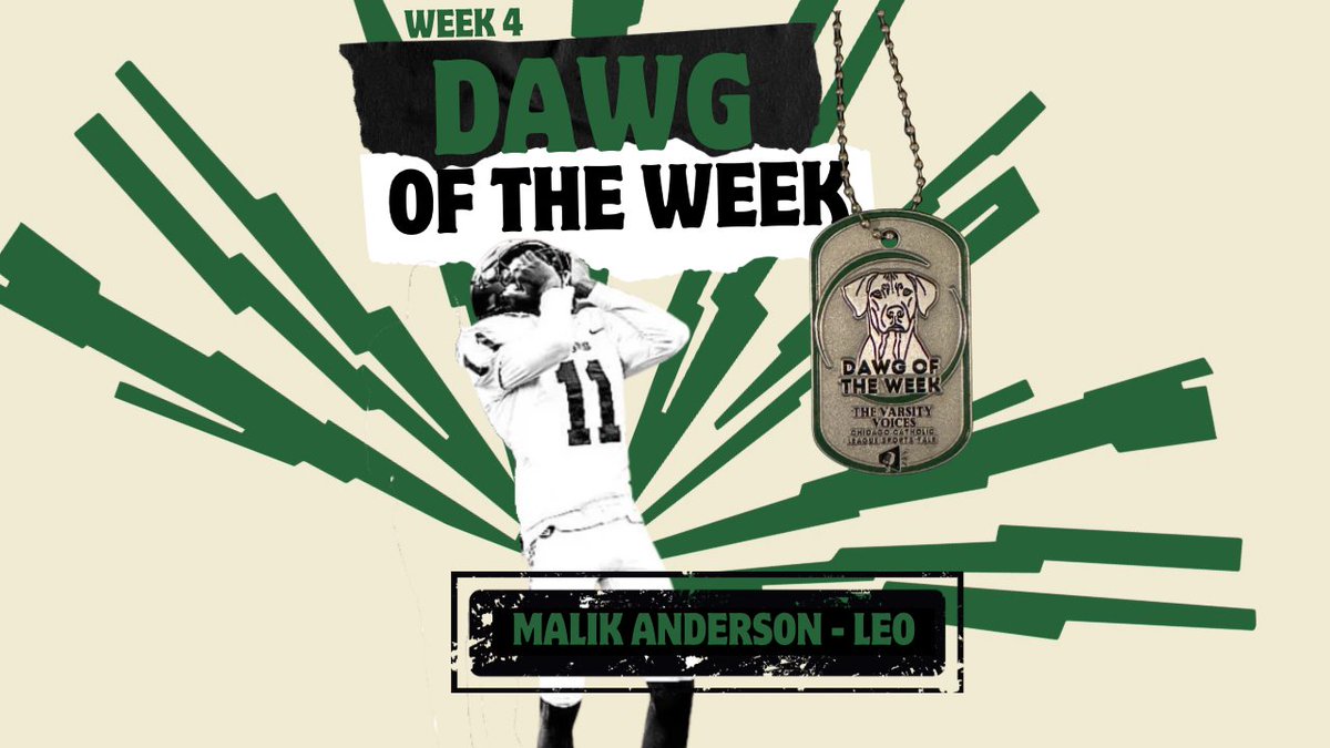 varsity_voices1's tweet photo. 🐕 THE VARSITY VOICES WEEK 4 DAWG OF THE WEEK 🐕

Congratulations to Malik Anderson @Malik11Anderson  of Leo Catholic @LeoLionsHSFB !

The 6-foot-5 sophomore edge defender delivered an unforgettable performance in Leo’s 40–8 victory over St. Viator:

🏈 Two interceptions
🏠 Two pick-sixes
💥 One sack
💥 Two tackles for loss
💥 One forced fumble

Malik Anderson, that is the definition of a Dawg!

Watch/Listen to Joe and Dan announce our Dawg of the Week at the timestamp below:

https://t.co/QCdEfSgzg5

#ChicagoCatholicLeague #CCLFootball #IHSAFootball #TheVarsityVoices @CoachHopkins_